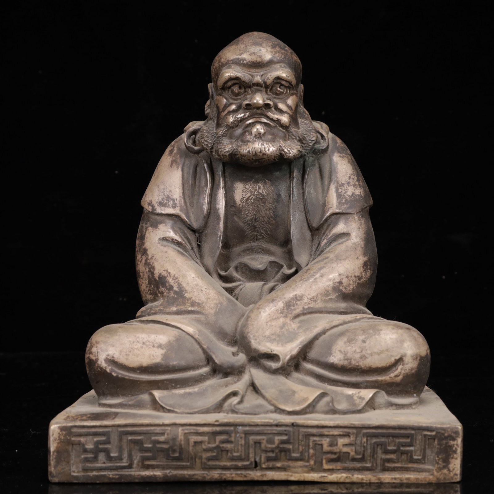 An Exquisite Silver-Plated Bronze Statue of Dharma: An Exquisite Silver-Plated Bronze Statue of Dharma,Qing Dynasty,China,Size:7.1inx6.5inx9.4in,Weight:2250g 铜镀银达摩像,中国清代