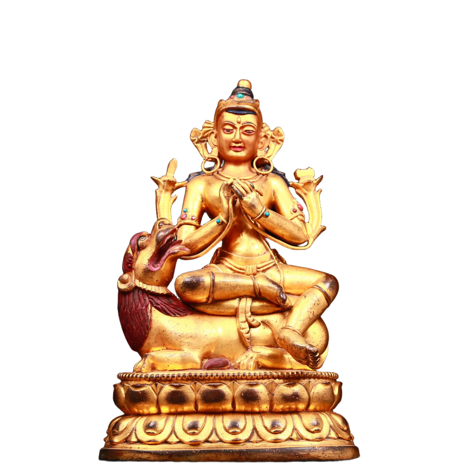 A stunning gilt bronze statue of Manjusri Bodhisattva inlaid with gems: stunning gilt bronze statue of Manjushri Bodhisattva inlaid with gems. During the Qing Dynasty of China, Manjushri Bodhisattva wore a gorgeous crown on his head. The crown was dotted with gems, making