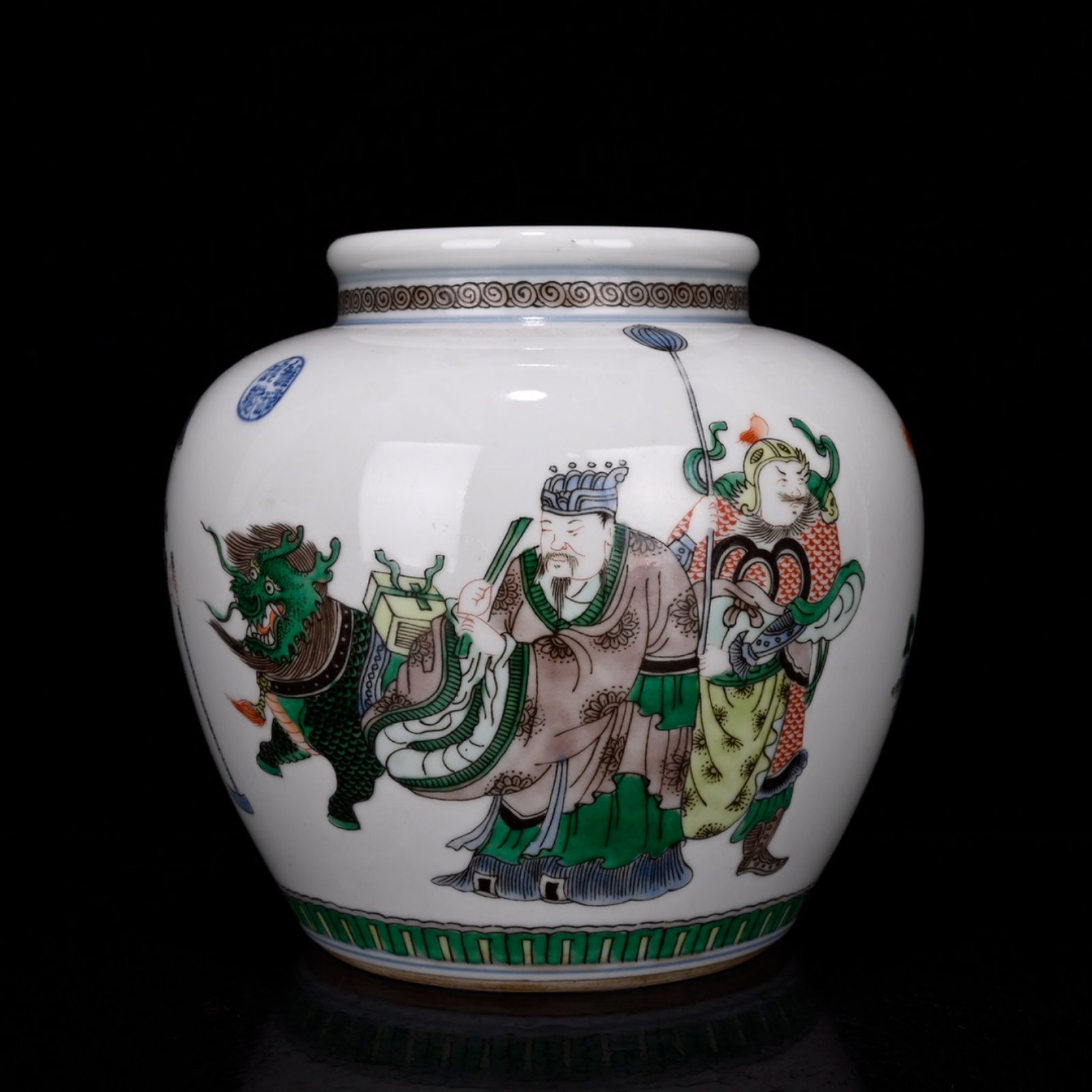 An Exquisite Doucai Figure and Story Pattern Jar: An Exquisite Doucai Figure and Story Pattern Jar,Qing Dynasty,China,Kangxi Six-Character Mark,Size:6.3inx6.7in 斗彩人物故事纹罐,中国清