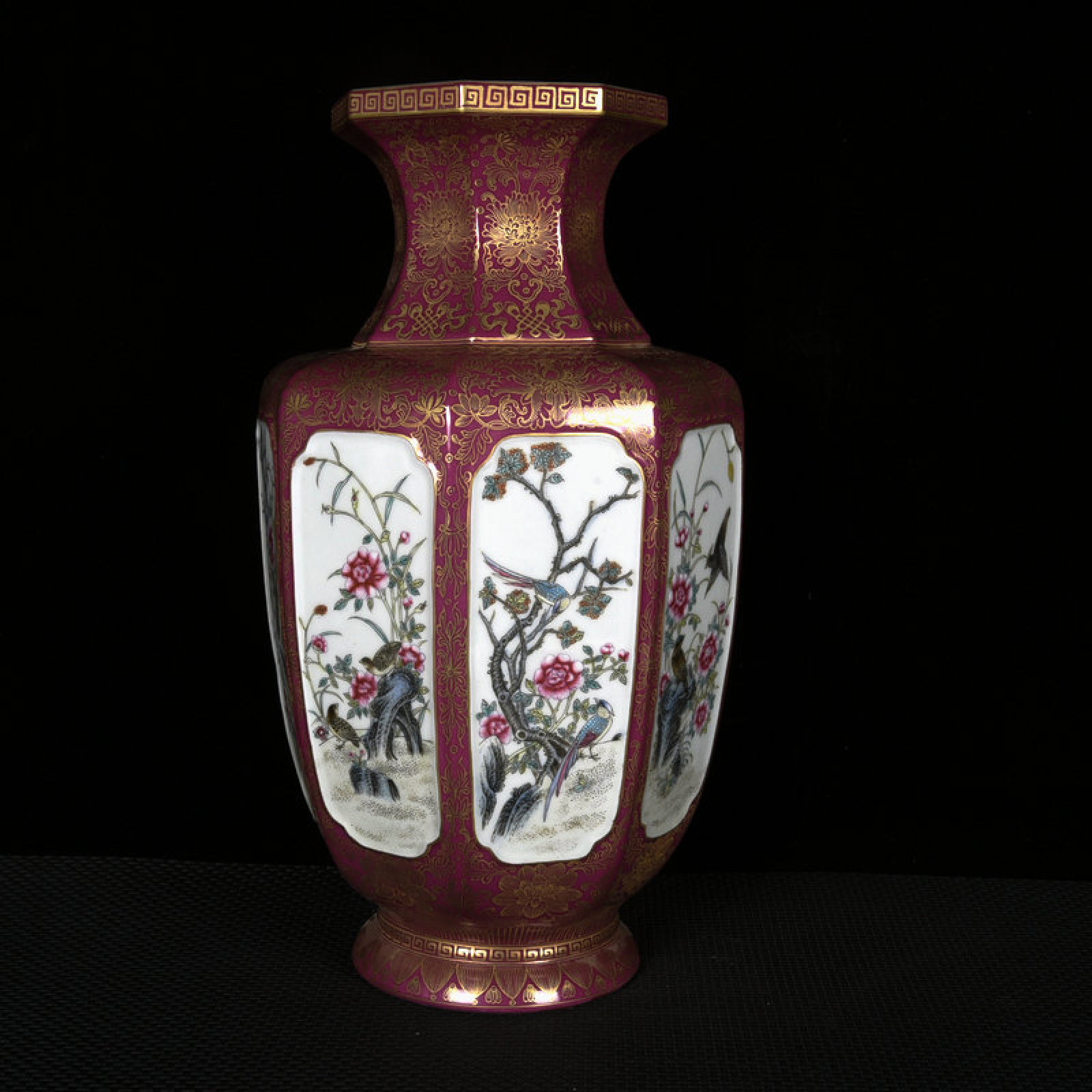 A Huge Ruby Red-Glazed Enamel Flower and Bird Pattern Vase: A Huge Ruby Red-Glazed Enamel Flower and Bird Pattern Vase,Qing Dynasty,China,Yongzheng Four-character Mark,Size:16.3inx9.4in 胭脂红珐琅彩花鸟纹&#