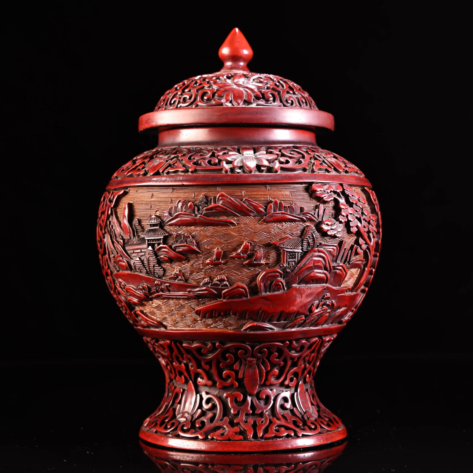 An Exquisite Carved Lacquer Landscape and Figure Pattern with Cover Jar: An Exquisite Carved Lacquer Landscape and Figure Pattern with Cover Jar,Qing Dynasty,China,Qianlong Six-character Mark,Size:9.1inx5.9in,Weight:950g 漆器山水人物 
