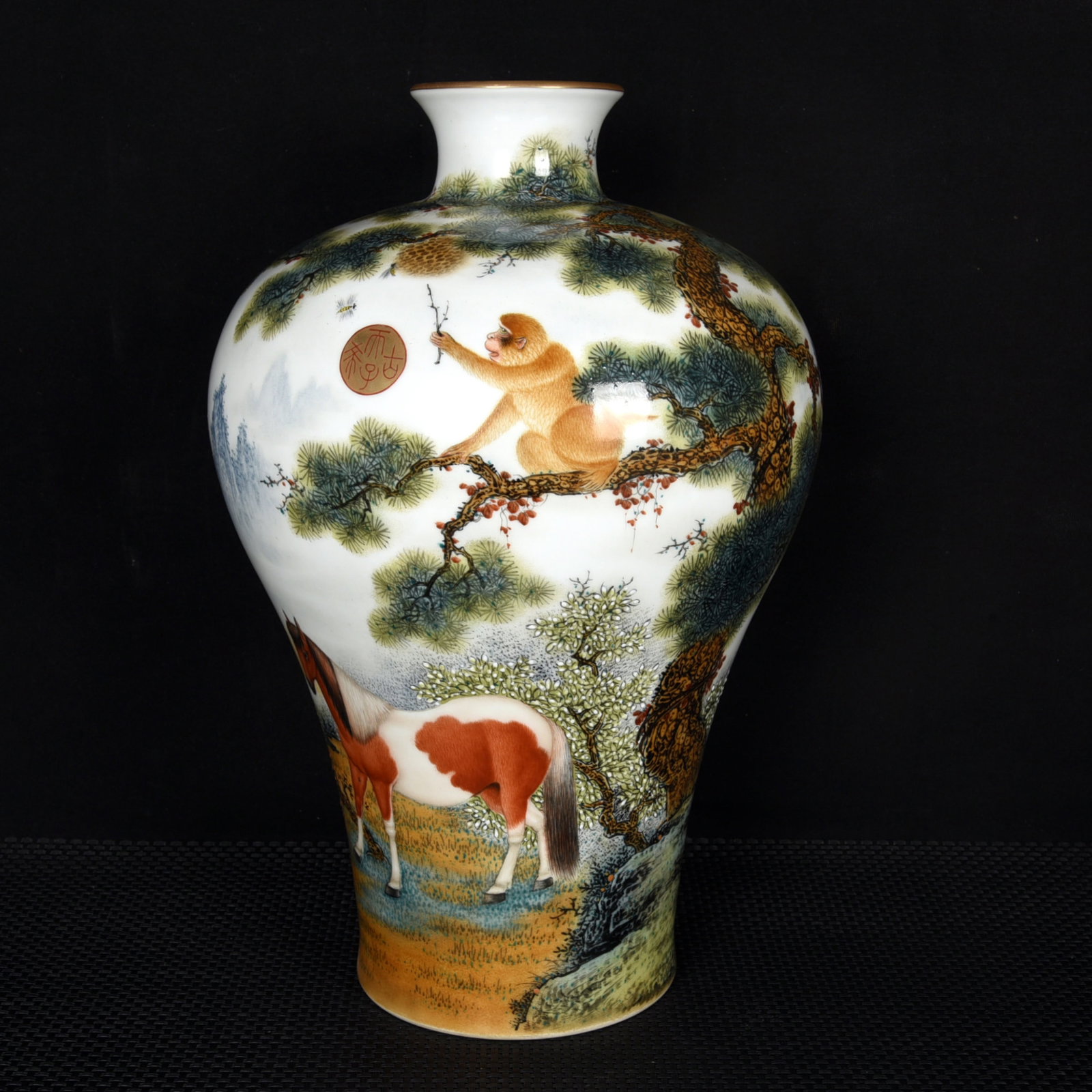 A Rare Enamel Monkey Pattern Vase,with poem: A Rare Enamel Monkey Pattern Vase,with poem,Qing Dynasty,China,Qianlong Six-character Mark,Size:15inx10.2in 珐琅彩灵猴纹瓶,带诗文,中&#