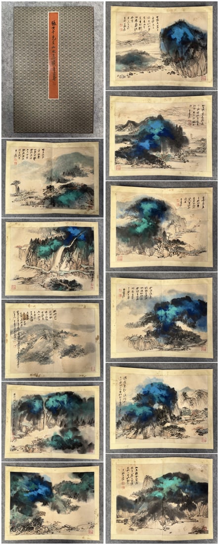 A Chinese Album Ink Painting of Landscape and Figure on Paper: A Chinese Album Ink Painting of Landscape and Figure on Paper,Zhang Daqian,Size:(Single)15.7inx21.3in,(Album)18.5inx11.8in 一本中国水墨山水人Ĥ