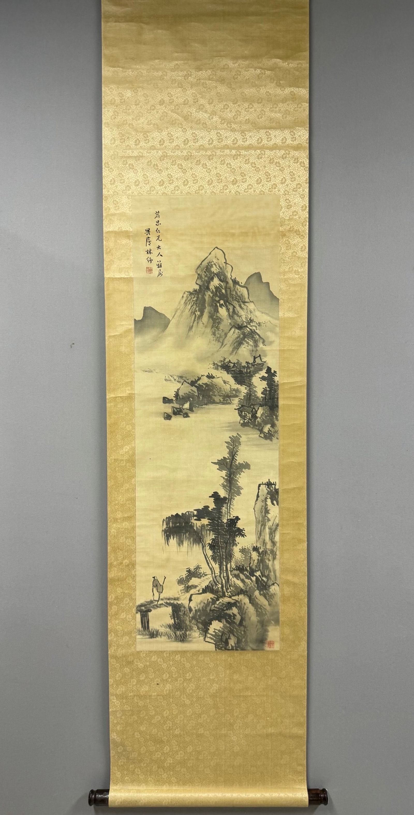 A Chinese Vertical Scroll Ink Painting of Landscape on Silk: A Chinese Vertical Scroll Ink Painting of Landscape on Silk,Lin Shu,Size:42.1inx13.4in 一幅中国水墨绢本山水画立轴,林