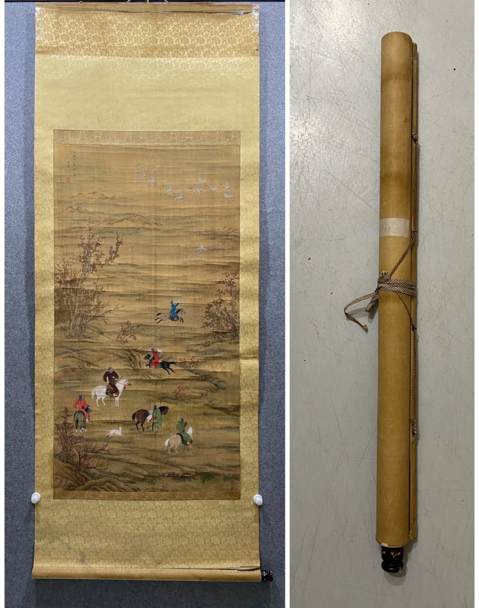 A Chinese Vertical Scroll Ink Painting of Figure Riding Horse on Silk: A Chinese Vertical Scroll Ink Painting of Figure Riding Horse on Silk,Zhao Mengfu,Size:50.8inx27.2in 一幅中国水墨绢本人物骑马
