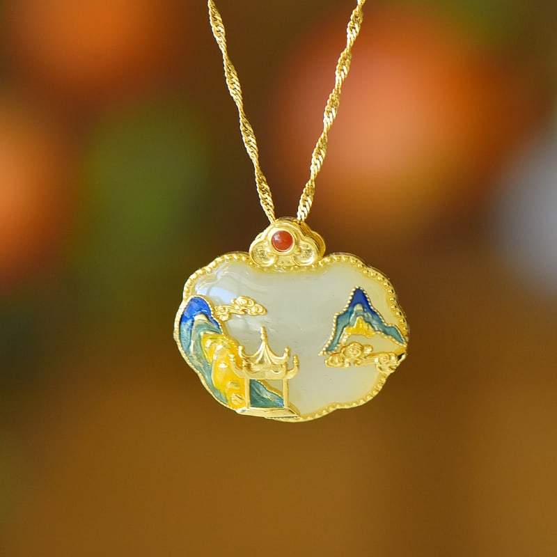 An Exquisite Sterling Silver-Gold Plated Inlaid White Jade Pendant: An Exquisite Sterling Silver-Gold Plated Inlaid White Jade Pendant 纯银镀金镶白玉吊坠
