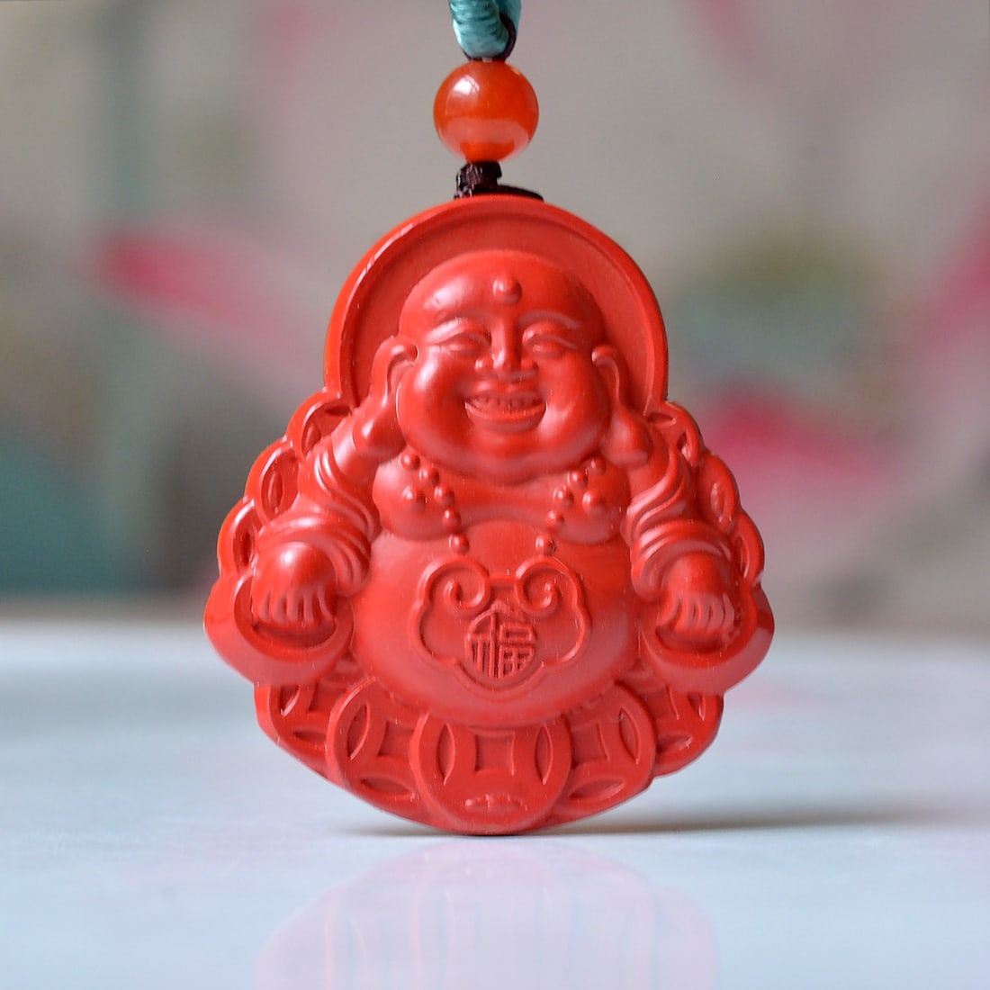 An Exquisite Cinnabar Maitreya Buddha Pendant: An Exquisite Cinnabar Maitreya Buddha Pendant,Size:26mmx30mm (寓意)吉祥招财喜庆、驱邪避凶 朱砂弥勒