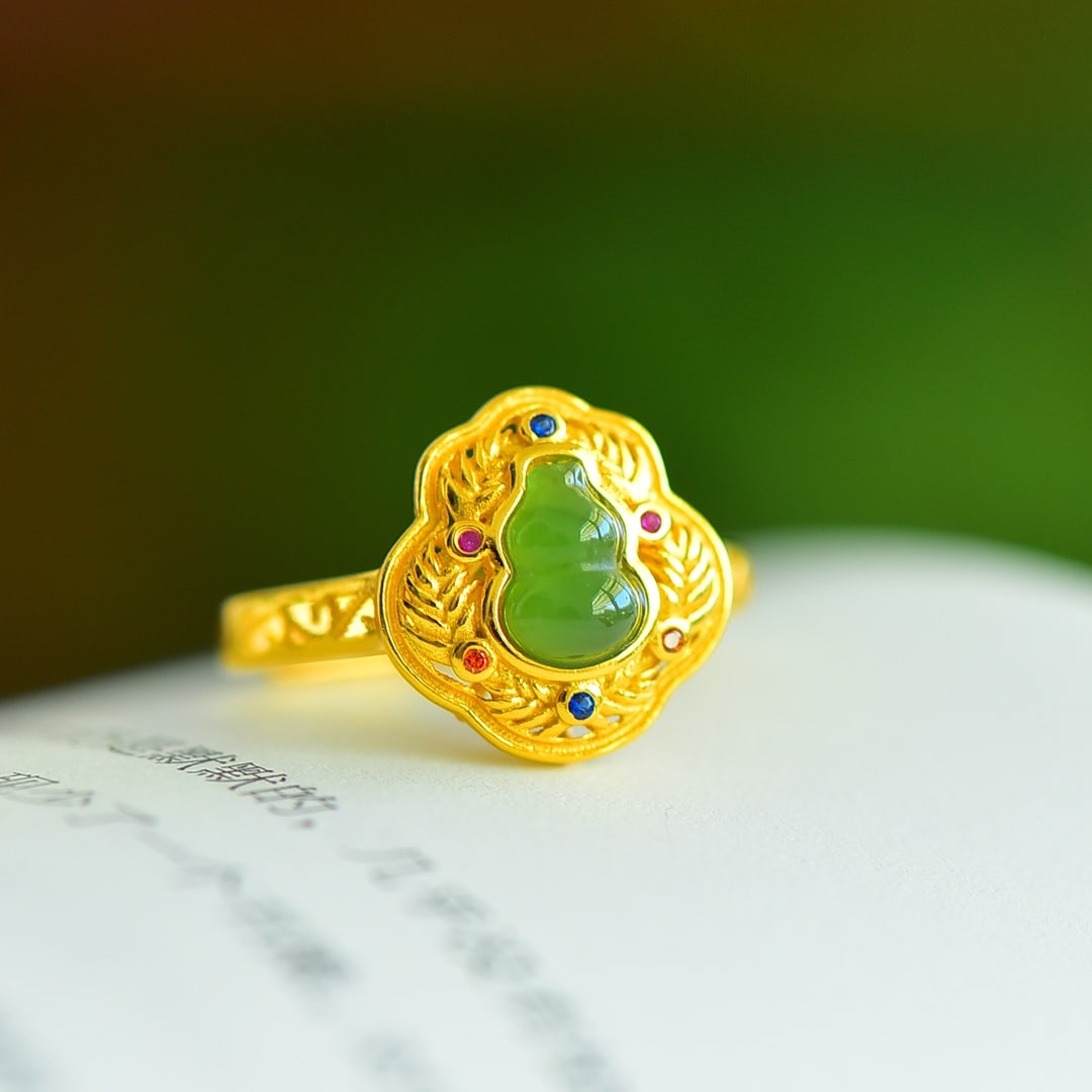 An Exquisite Sterling Silver-Gold Plated Inlaid Jasper Ring,Inlaid Diamond: An Exquisite Sterling Silver-Gold Plated Inlaid Jasper Ring,Inlaid Diamond 纯银镀金镶碧玉戒指,嵌钻石