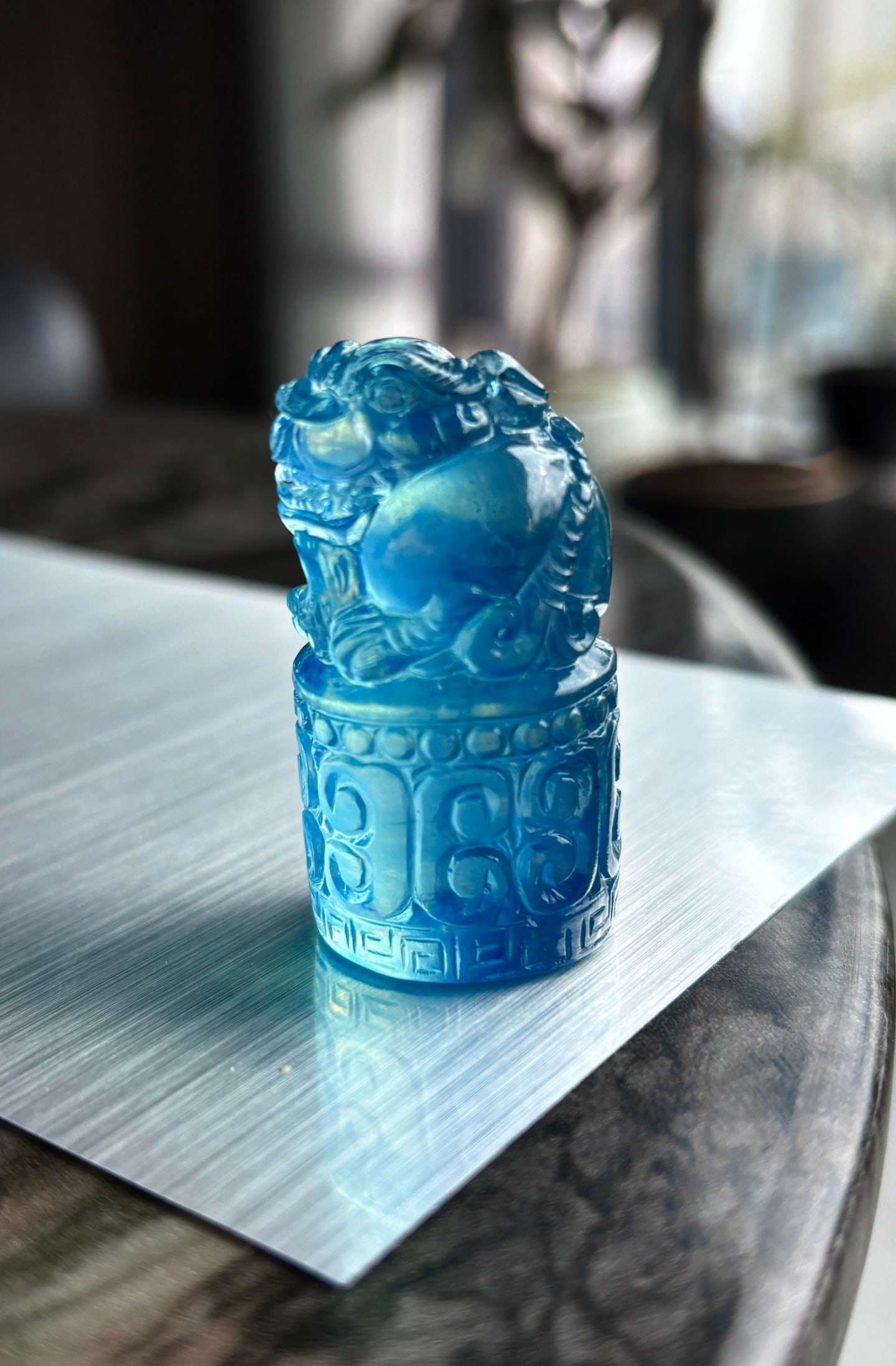 An Exquisite Aquamarine Wealth-Attracting Creature Seal: An Exquisite Aquamarine Wealth-Attracting Creature Seal,Size:43mmx23mmx21.5mm,Weight:35g 海蓝宝貔貅印章
