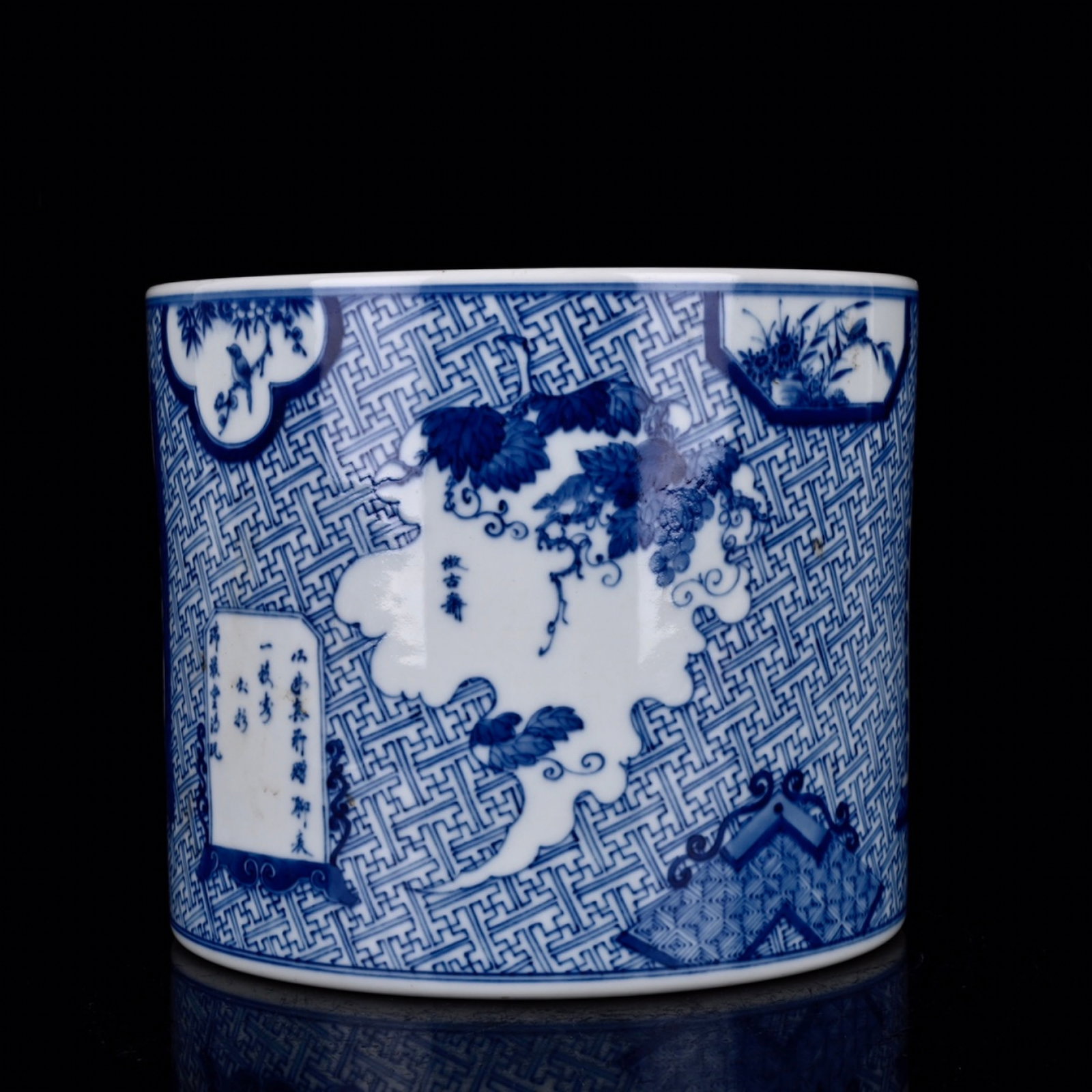 An Exquisite Blue and White Pine and Crane Pattern Pattern Brush Pot: An Exquisite Blue and White Pine and Crane Pattern Pattern Brush Pot,with poem,Qing Dynasty,China,Qianlong Six-character Mark,Size:6.9inx8.3in 青花松鹤纹笔筒,