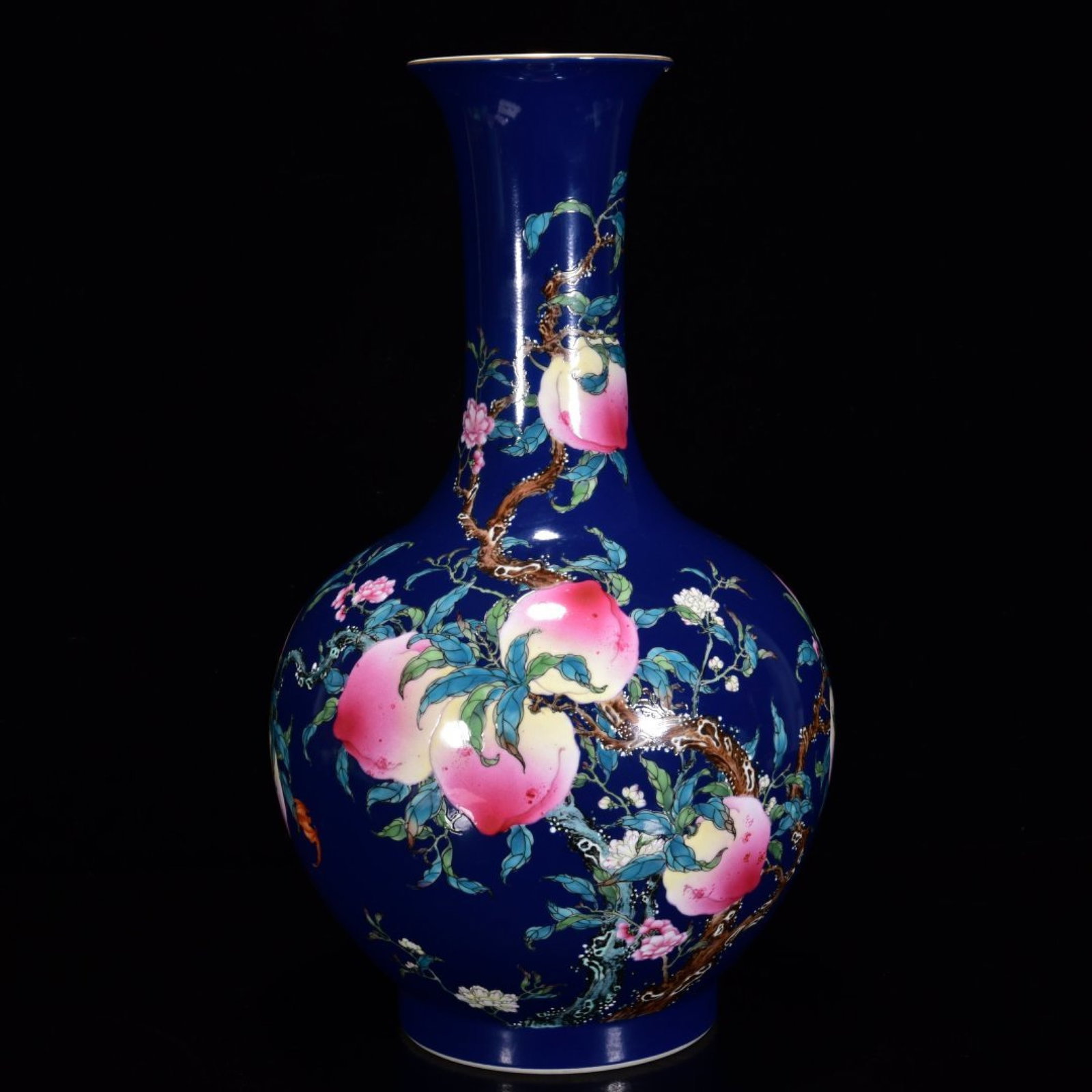 An Exquisite Blue Glazed Famille-Rose Bats and Peach Pattern Vase: An Exquisite Blue Glazed Famille-Rose Bats and Peach Pattern Vase,Qing Dynasty,China,Qianlong Six-character Mark,Size:16.5inx9.1in