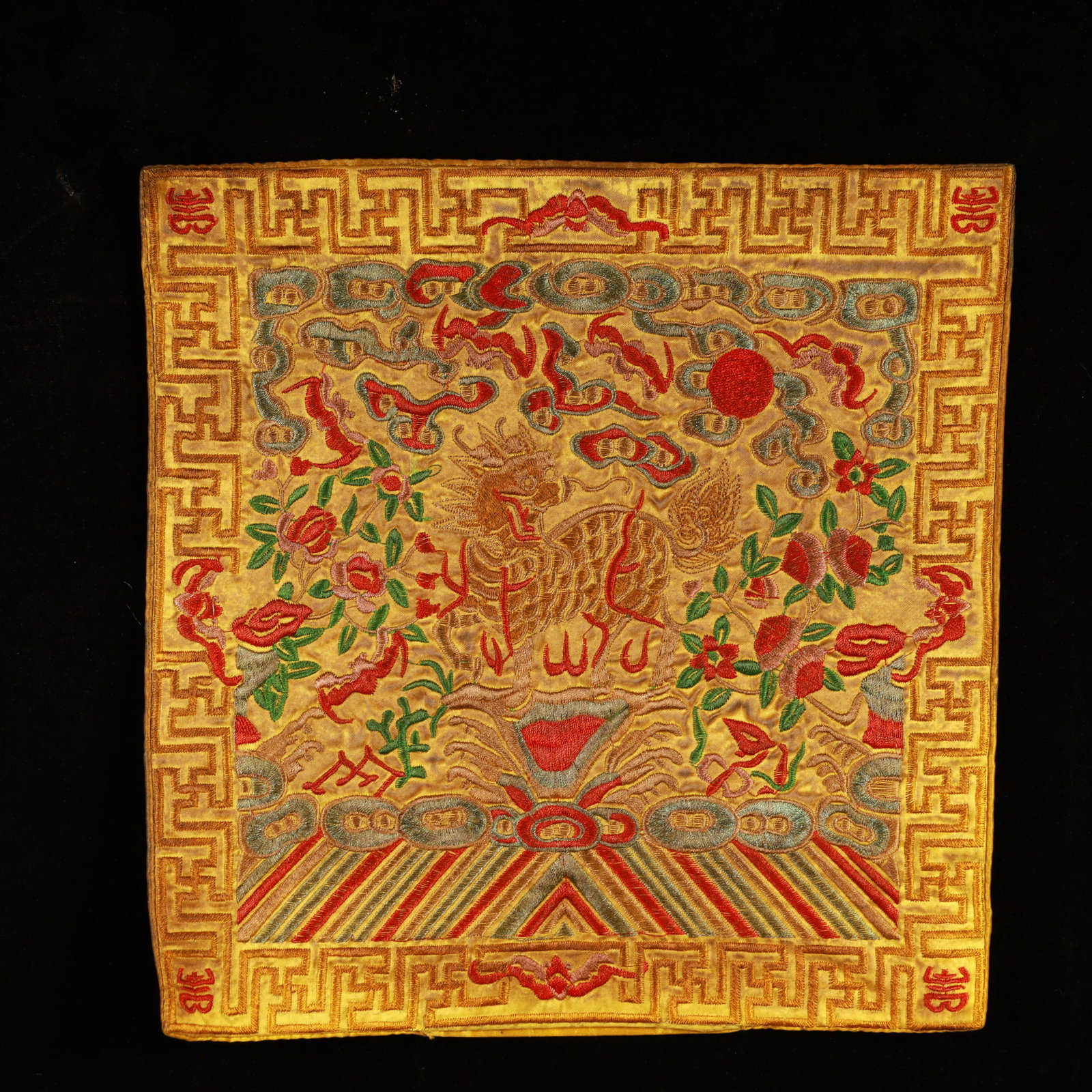 An Exquisite Embroidery Kylin Pattern Civil Official Rank Badges: An Exquisite Embroidery Kylin Pattern Civil Official Rank Badges,Qing Dynasty, China,Size:10.2inx10.2in 刺绣麒麟官补,中国清代