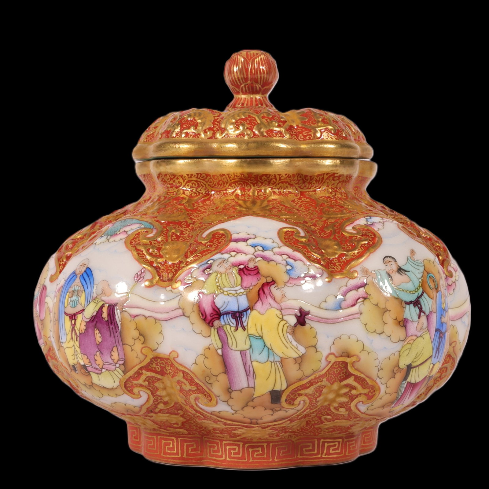 An Exquisite Enamel Iron-Red Painted Gold Character and Story Pattern Jar with Cover: An Exquisite Enamel Iron-Red Painted Gold Character and Story Pattern Jar with Cover,Qing Dynasty,China,Qianlong Six-character Mark,Size:4.7inx4.7in 珐琅彩矾红描