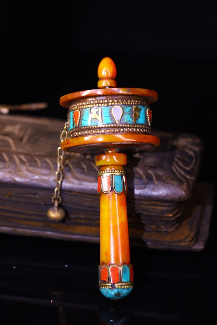 An Exquisite Beeswax Inlaid Gems Ornament,with Scriptures: An Exquisite Beeswax Inlaid Gems Ornament,with Scriptures,Qing Dynasty,China,Size:6.9inx2.8in,Weight:190g 蜜蜡嵌宝石摆件,带经文,中