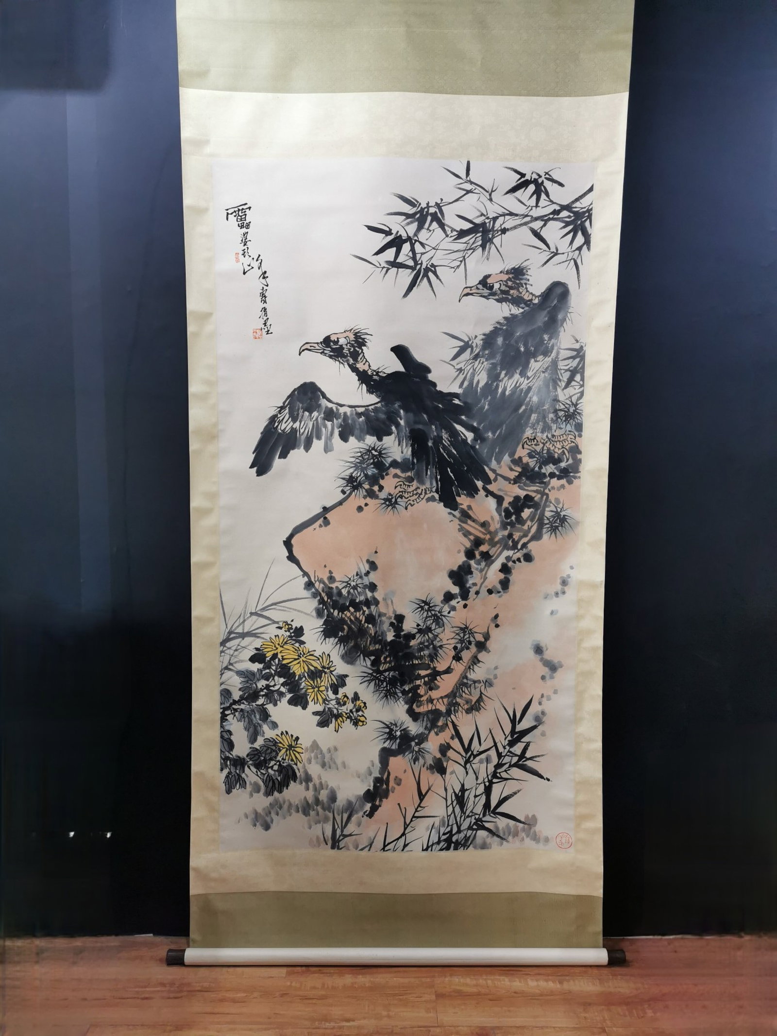 A Chinese Vertical Scroll Ink Painting of Pine and Eagle on Paper: A Chinese Vertical Scroll Ink Painting of Pine and Eagle on Paper,Pan Tianshou,Size:37inx69.3in 一幅中国水墨松鹰画立轴,潘天