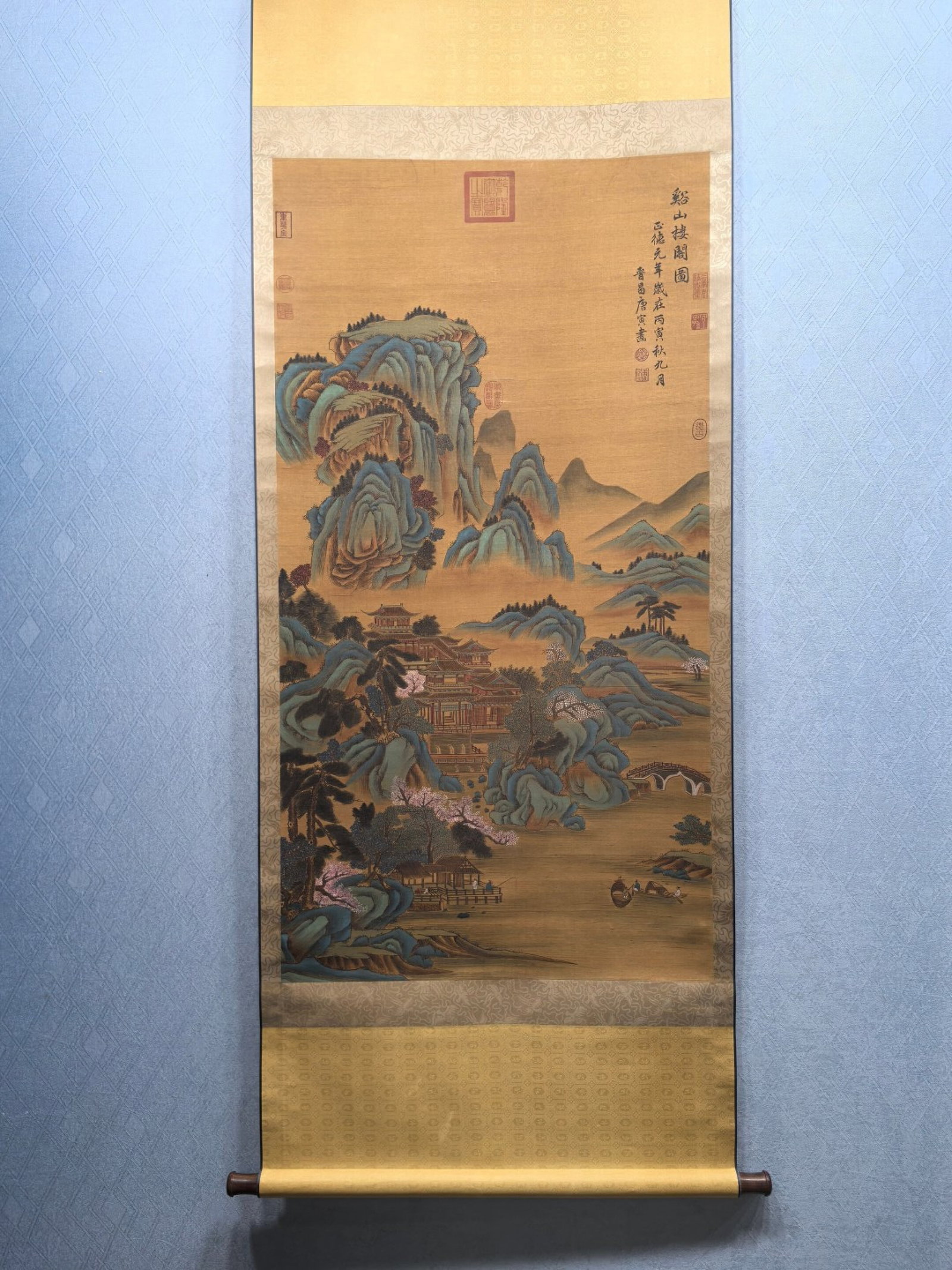 A Chinese Vertical Scroll Ink Painting of Landscape on Silk: A Chinese Vertical Scroll Ink Painting of Landscape on Silk,Tang Yin,Size:26.8inx50.9in 一幅中国水墨绢本山水画立轴,唐