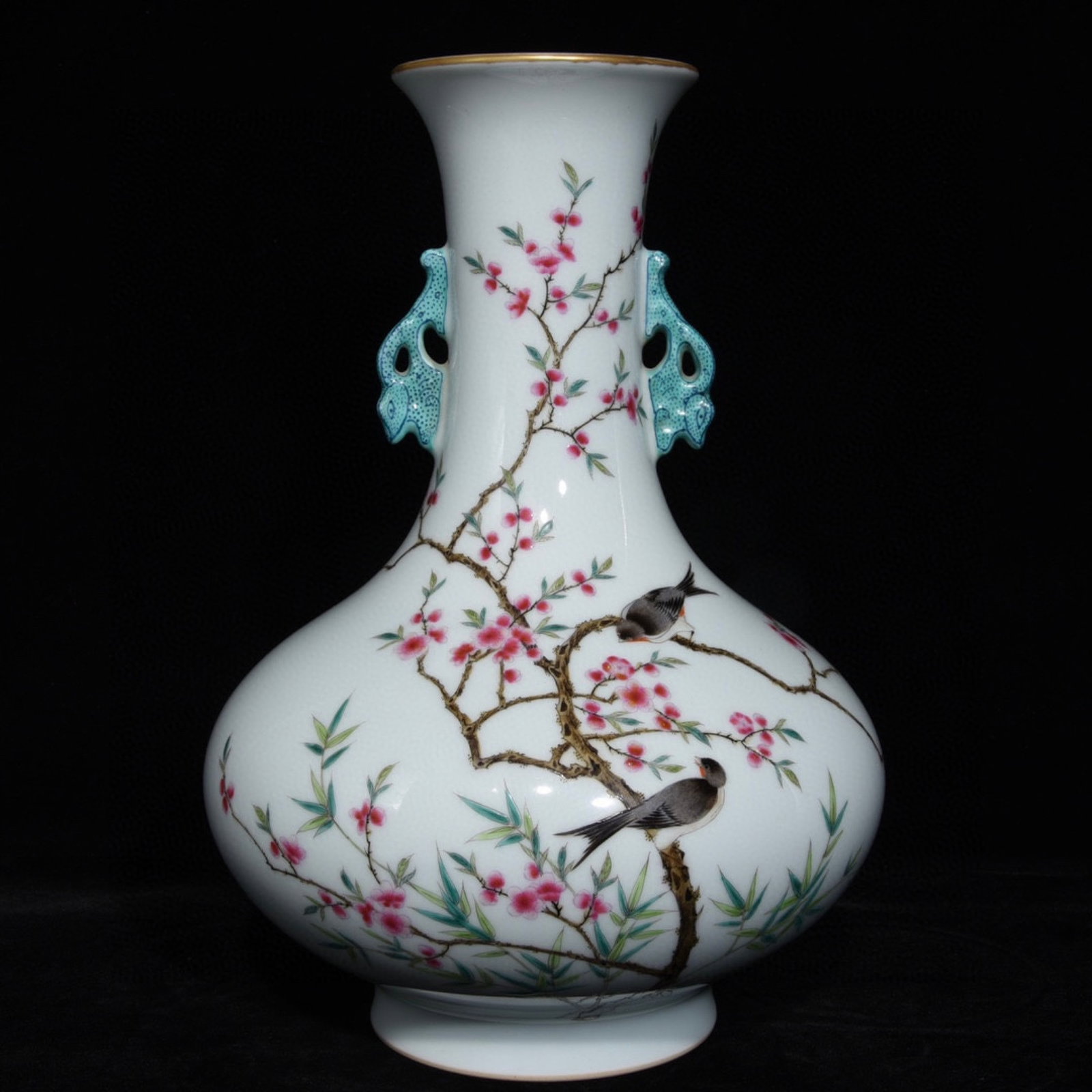 A Rare Famille-Rose Flower and Bird Pattern Double-Ears Vase: A Rare Famille-Rose Flower and Bird Pattern Double-Ears Vase,Qing Dynasty,China,Qianlong Six-character Mark,Size:11.8inx8.1in 粉彩花鸟纹双耳瓶,中&