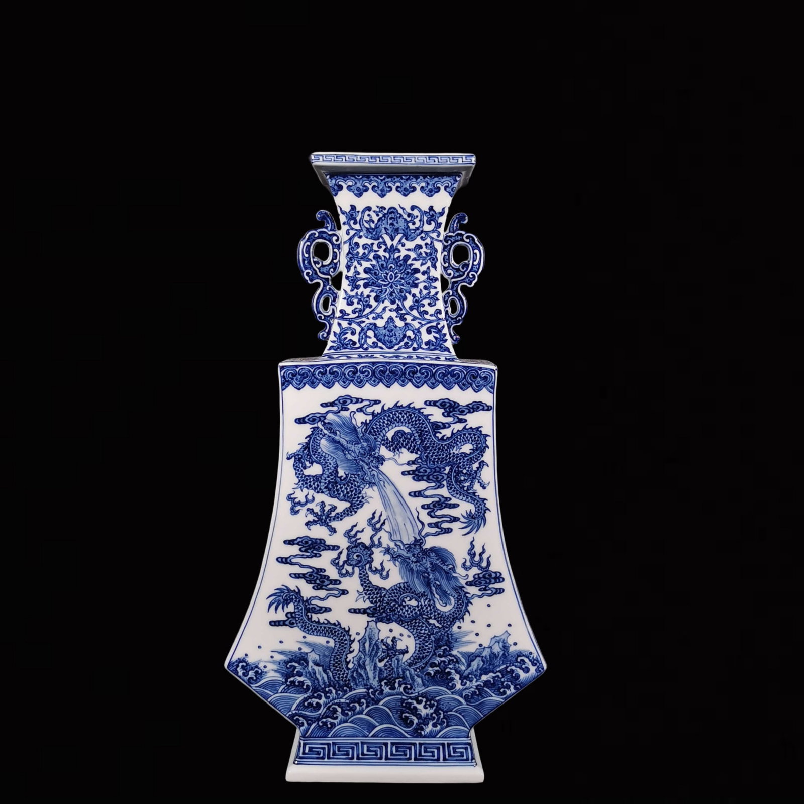 An Exquisite Blue and White Lotus and Dragon Pattern Double-Ears Vase: An Exquisite Blue and White Lotus and Dragon Pattern Double-Ears Vase ,Qing Dynasty, China, Yongzheng Six-character Mark,Size:17.5inx9.1in
