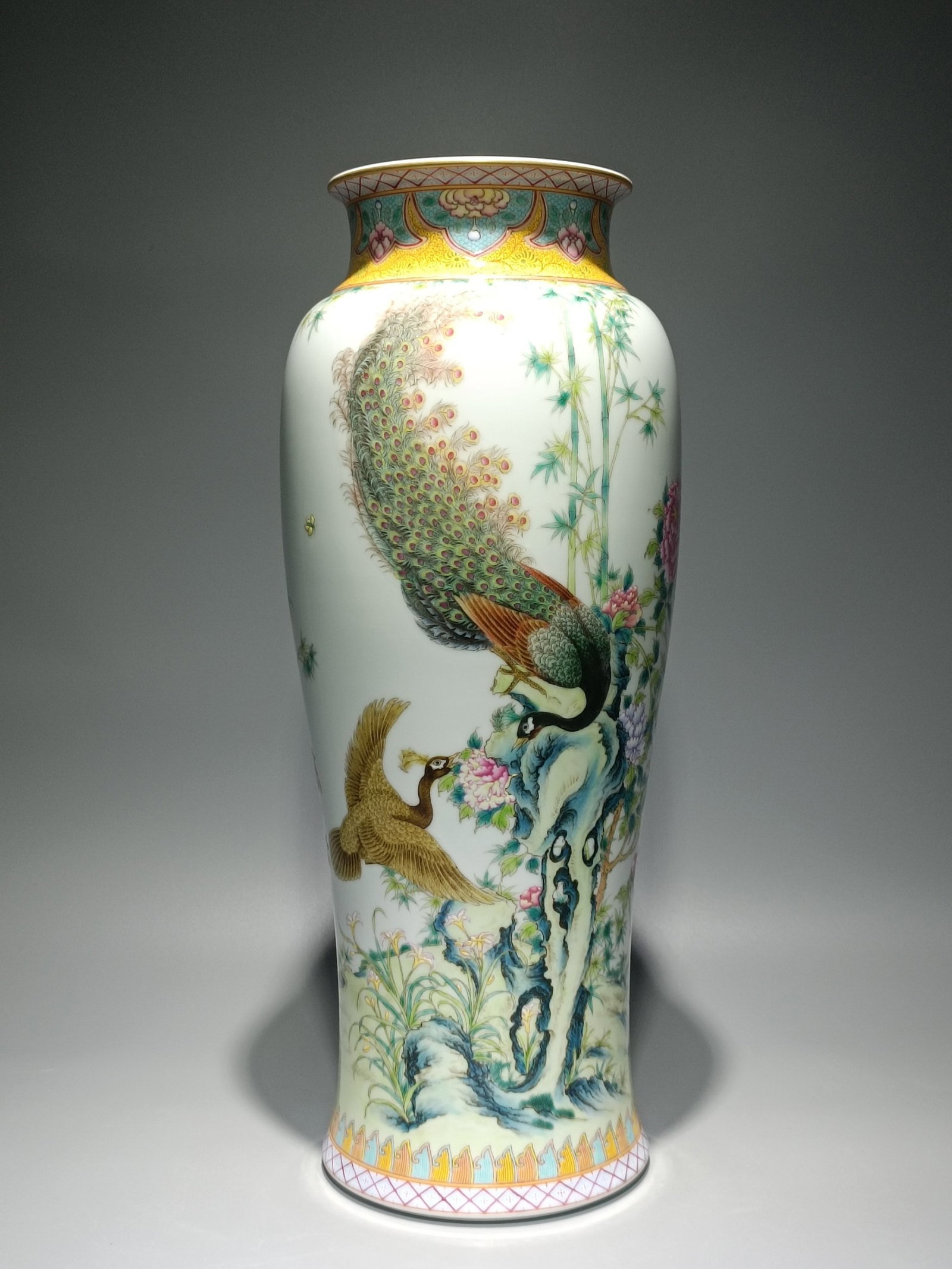 An Exquisite Famille-Rose Flower and Peacock Pattern Vase,with poem: An Exquisite Famille-Rose Flower and Peacock Pattern Vase,with poem,Qing Dynasty,China,Yongzheng Six-character Mark,Size:16.9inx6.7in