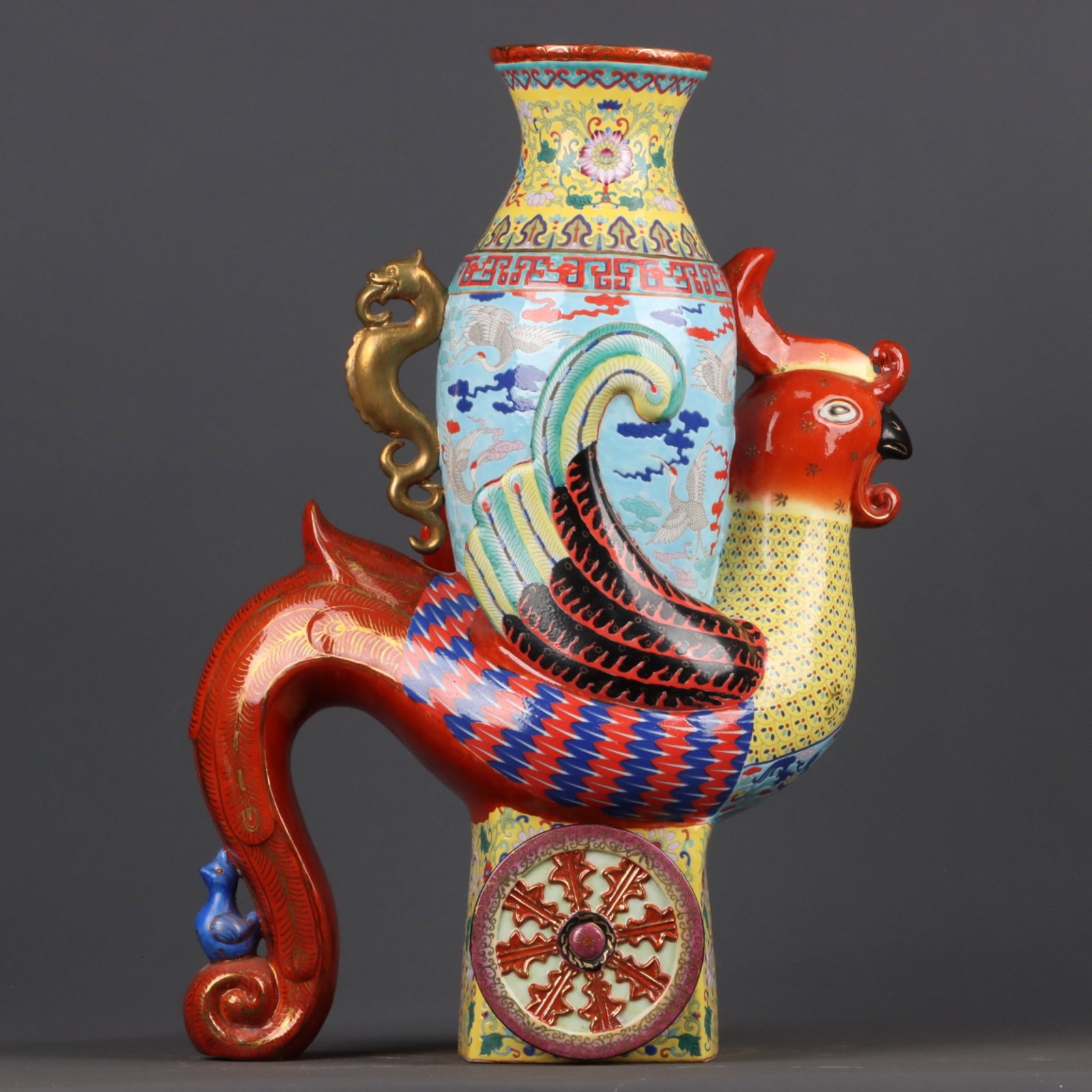 A Huge Enamel Gilt Auspicious Cloud and Crane Pattern Phoenix Vase: A Huge Enamel Gilt Auspicious Cloud and Crane Pattern Phoenix Vase,Qing Dynasty, China,Qianlong Four-character Mark,Size:18.1inx13.8in 珐琅彩鎏金祥云仙&