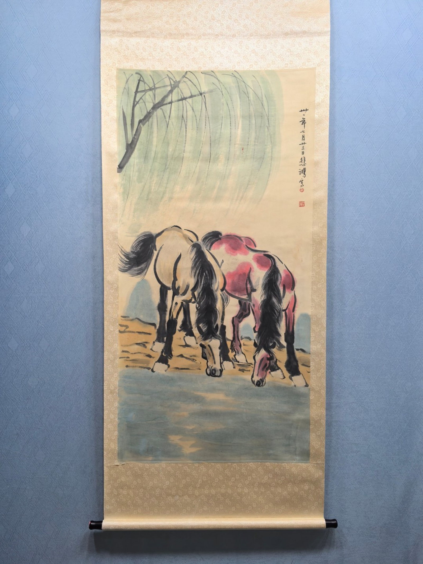 A Chinese Vertical Scroll Ink Painting of Horse on Paper: A Chinese Vertical Scroll Ink Painting of Horse on Paper,Xu Beihong,Size:27inx54.8in 一幅中国水墨骏马画立轴,徐悲鸿