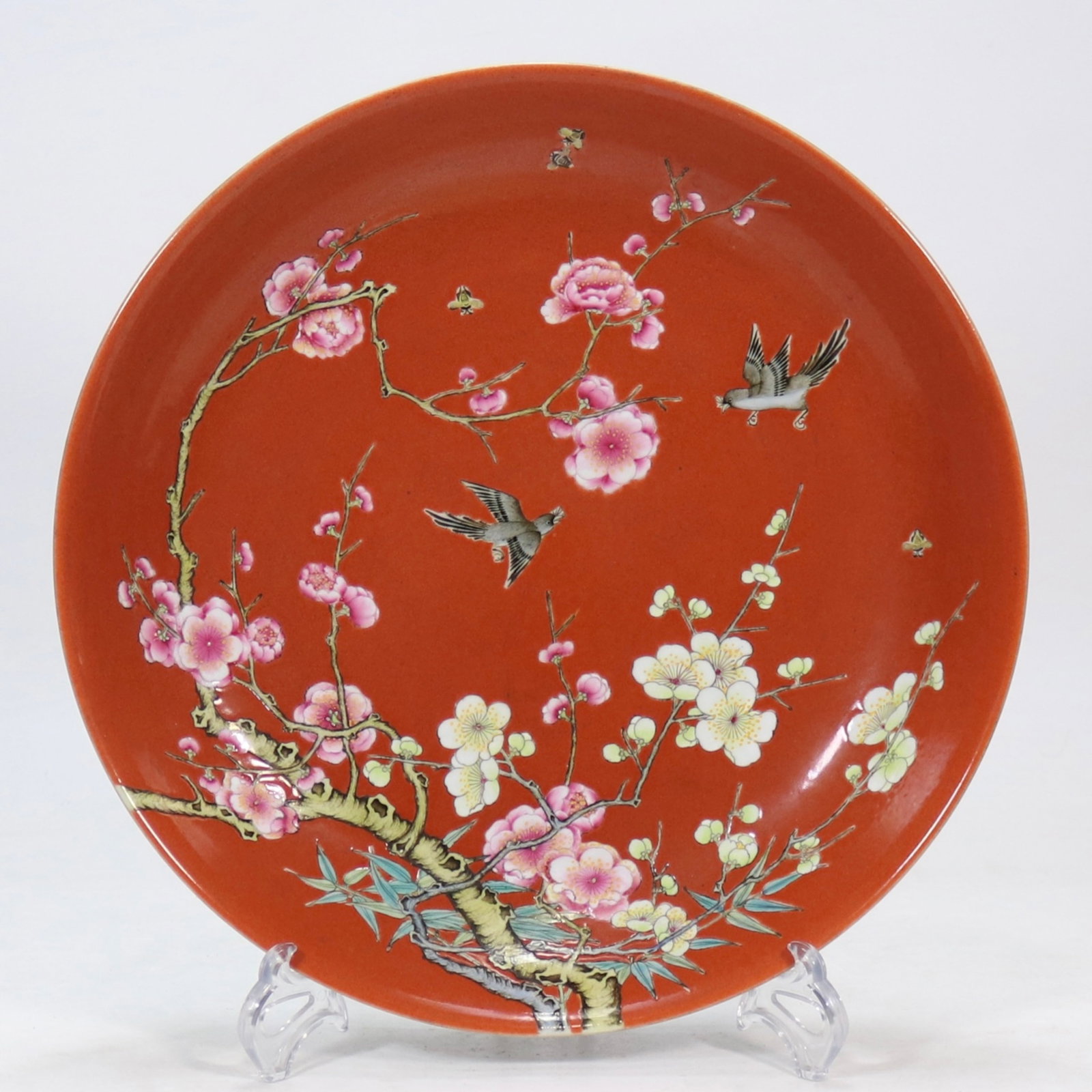 An Exquisite Famille-Rose Coral Red Glazed Flower and Bird Pattern Plate: An Exquisite Famille-Rose Coral Red Glazed Flower and Bird Pattern Plate,Qing Dynasty,China,Yongzheng Six-character Mark,Size:2.8inx14.3in 粉彩珊瑚红花鸟ń