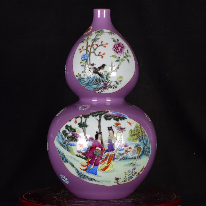 A Rare Purple Glazed Famille-Rose Figure and Story Pattern Gourd-Shaped Vase: A Rare Purple Glazed Famille-Rose Figure and Story Pattern Gourd-Shaped Vase,Qing Dynasty,China,Yongzheng Six-Character Mark,Size:14.2inx8.3in 紫釉粉彩人物故&