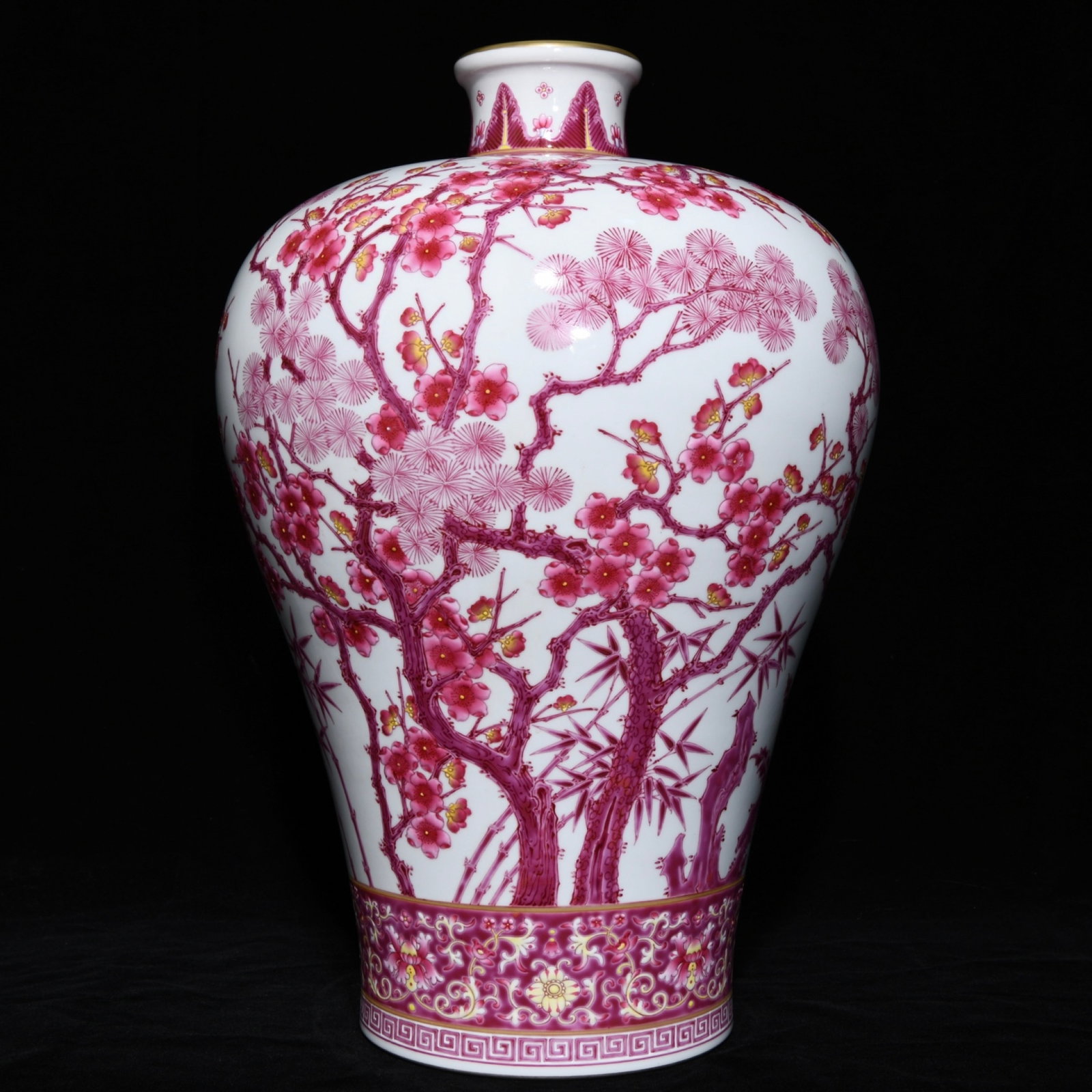 A Huge Agate Red Glazed Pine,Bamboo and Plum Blossom Pattern Vase: A Huge Agate Red Glazed Pine,Bamboo and Plum Blossom Pattern Vase,Qing Dynasty,China,Qianlong Six-character Mark,Size:17.8inx11.8in 玛瑙红釉松竹梅纹