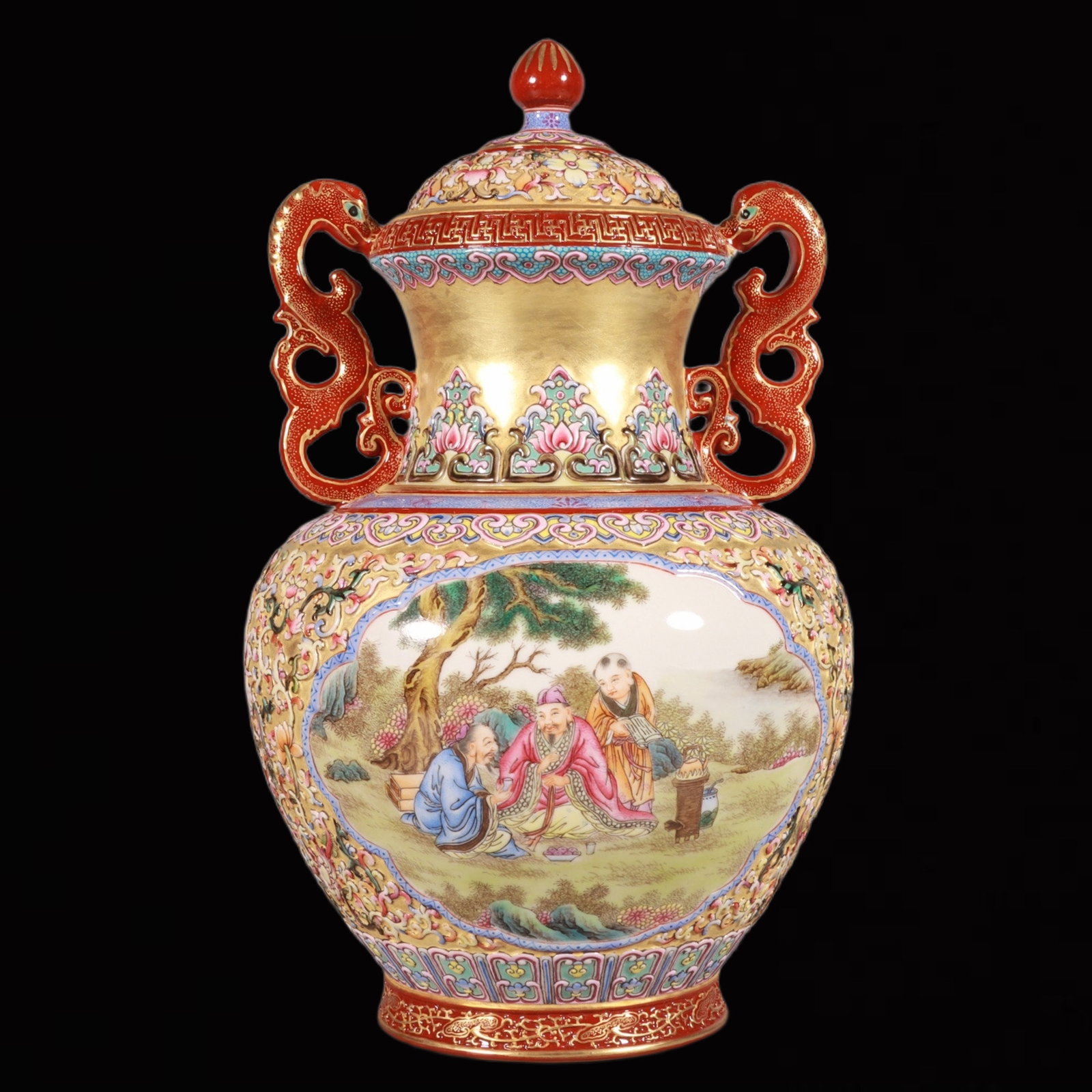 An Exquisite Enamel Gold Ground Character and Story Pattern Jar with Cover: An Exquisite Enamel Gold Ground Character and Story Pattern Jar with Cover,Qing Dynasty,China,Qianlong Six-character Mark,Size:10.6inx6.7in 珐琅彩金地人物