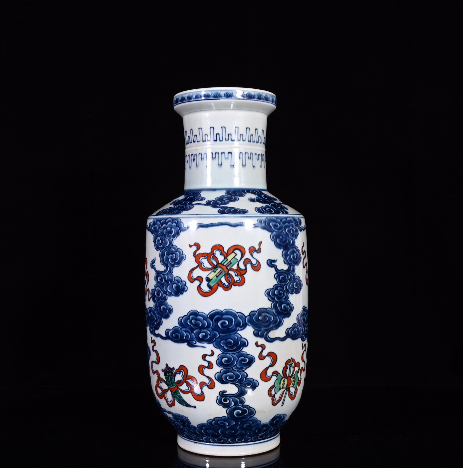 A Rare Blue and White Famille-Rose Eight Treasures Pattern Vase: A Rare Blue and White Famille-Rose Eight Treasures Pattern Vase,Qing Dynasty,China,with Mark,Size:15.6inx7.1in 青花粉彩八宝纹瓶,中国清