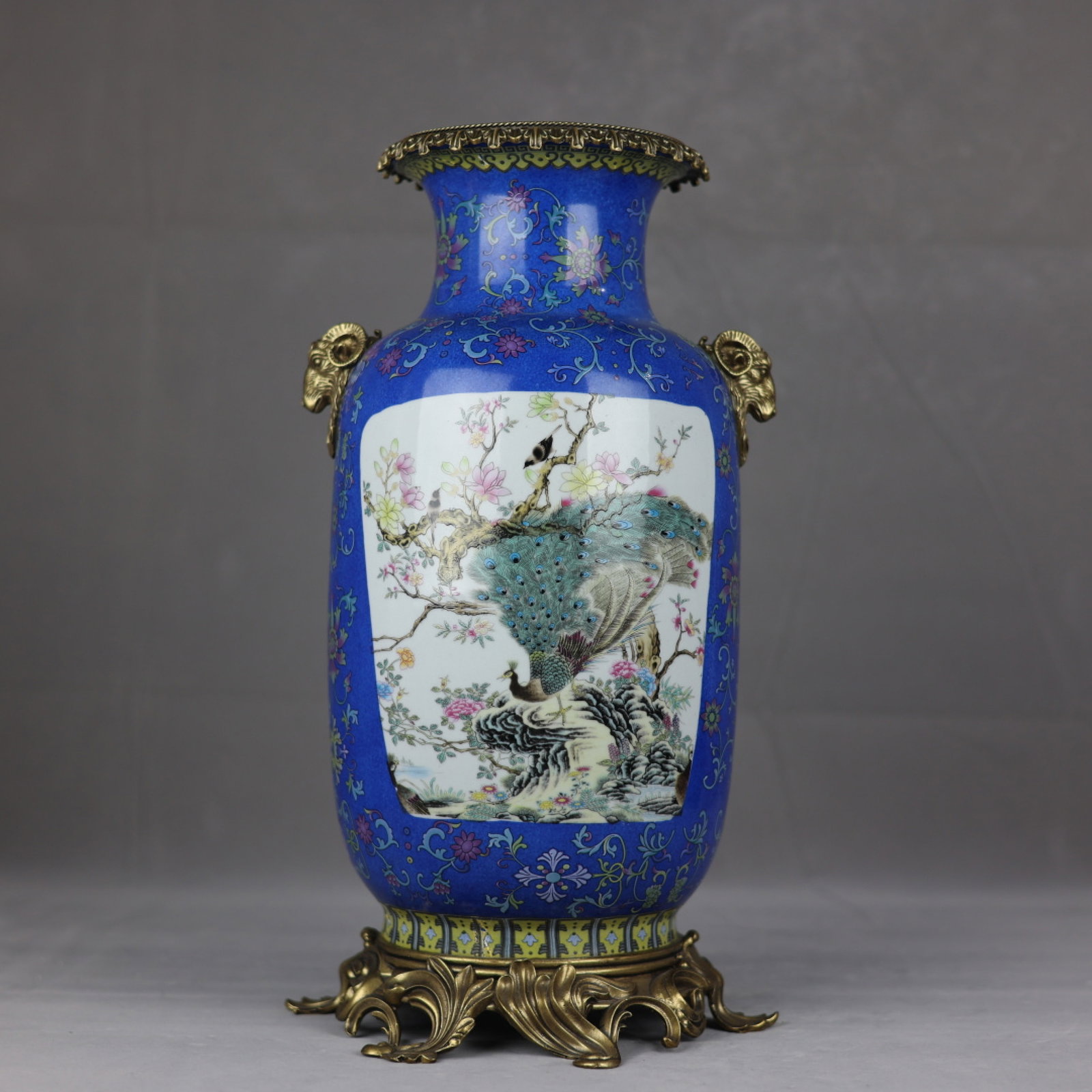 A Huge Enamel Inlaid Bronze Flower and Peacock Pattern Sheep-Ears Vase: A Huge Enamel Inlaid Bronze Flower and Peacock Pattern Sheep-Ears Vase,Qing Dynasty,China,Qianlong Four-Character Mark,Size:18.5inx9.8in
