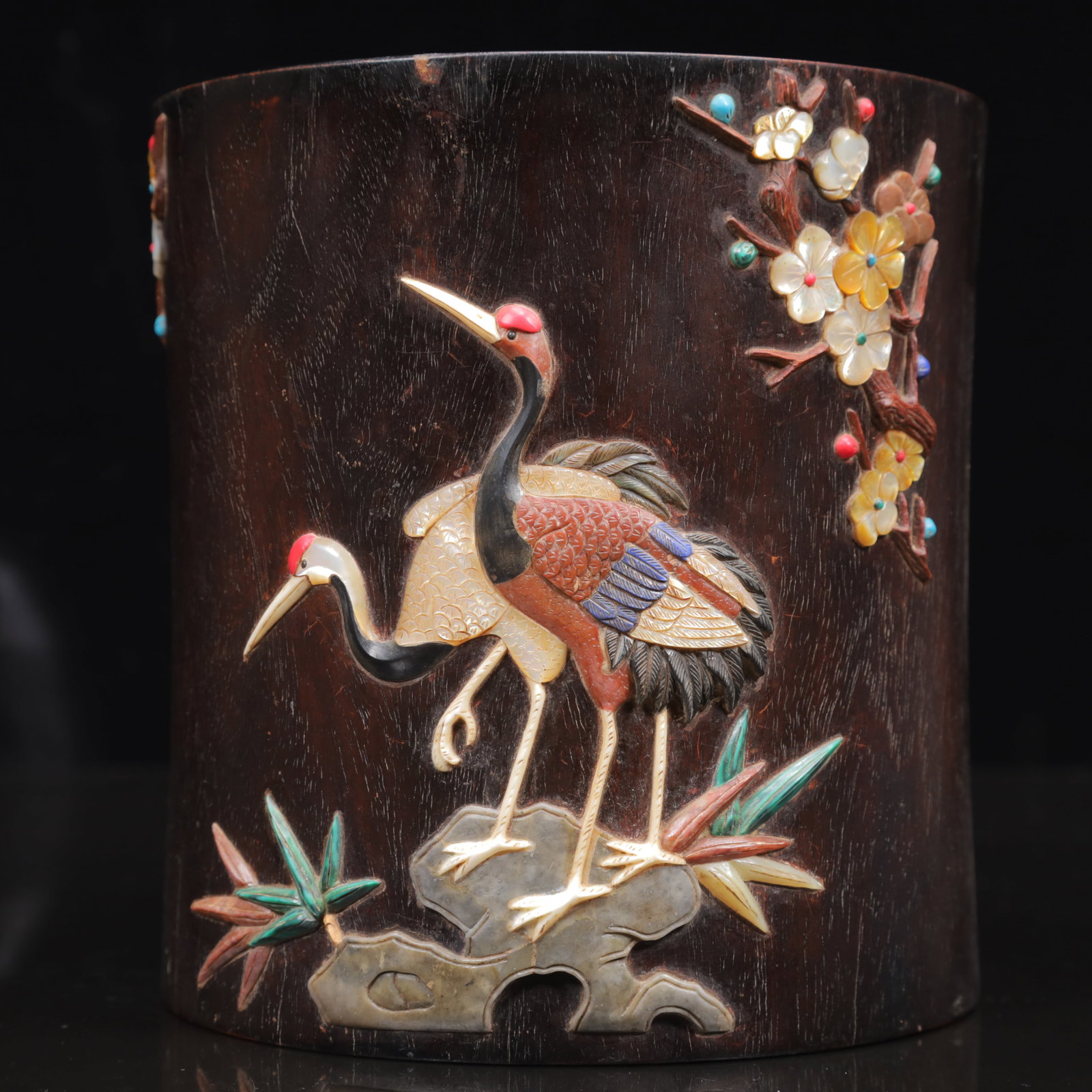 An Exquisite Zitanwood Crane Pattern Brush Pot,Inlaid Gems: An Exquisite Zitanwood Crane Pattern Brush Pot,Inlaid Gems,Qing Dynasty, China,Qianlong Four-character Mark,Size:6.7inx10.6in,Weight:1400g