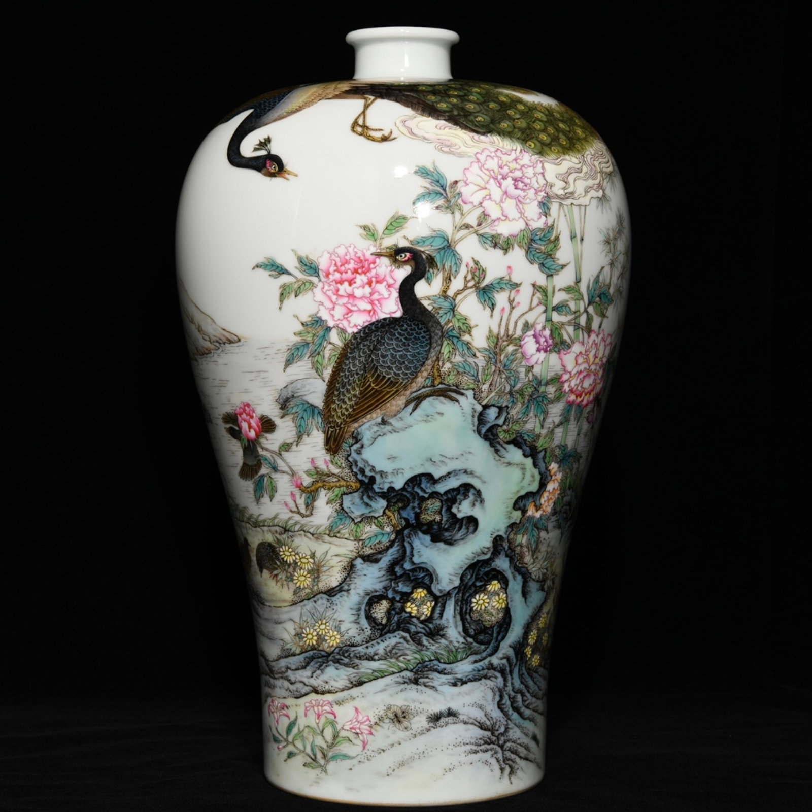 A Rare Famille-Rose Flower and Peacock Pattern Vase,with Poem: A Rare Famille-Rose Flower and Peacock Pattern Vase,with Poem,Qing Dynasty,China,Yongzheng Six-Character Mark,Size:14.8inx9.1in