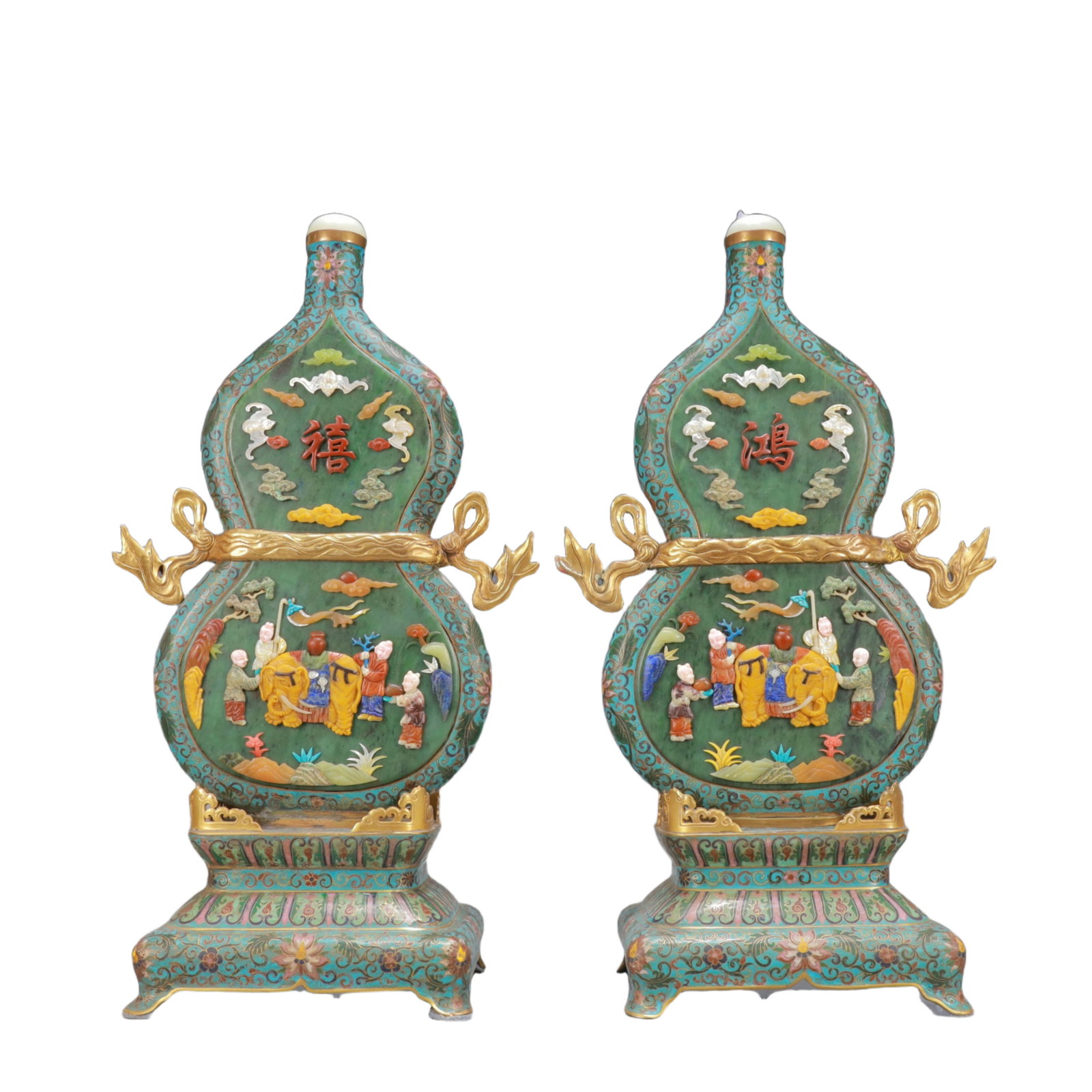 A Exquisite Cloisonne Lotus Pattern Character and Story Pattern Gourd-Shaped with poem Double-Ears: A Exquisite Cloisonne Lotus Pattern Character and Story Pattern Gourd-Shaped with poem Double-Ears Vase Qing Dynasty, China Qianlong Four-character Mark ,Size:11.2inx6.1inx19.3in Weight:3150g 景