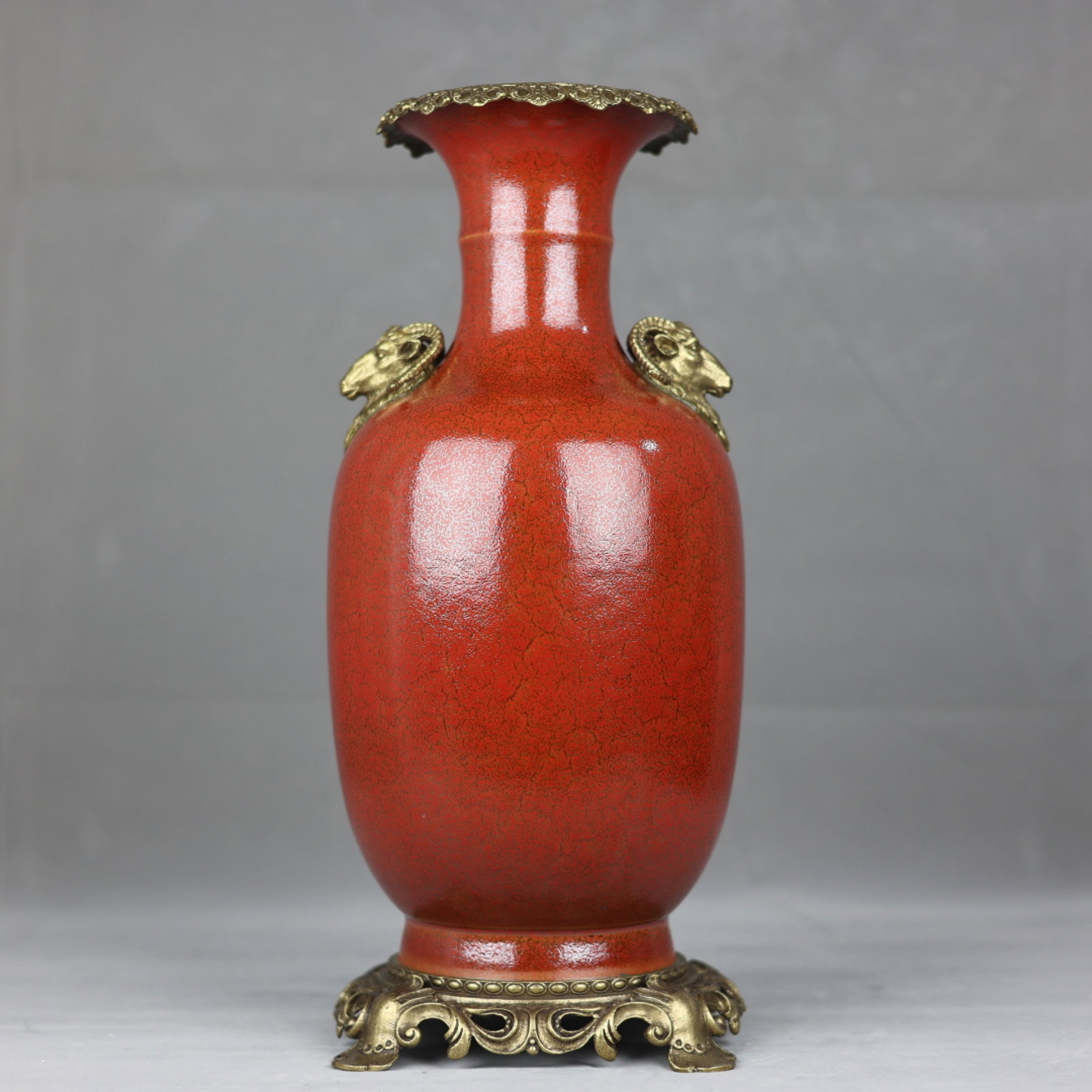 A Huge Red Glazed Inlaid Bronze Sheep-Ears Vase: A Huge Red Glazed Inlaid Bronze Sheep-Ears Vase,Qing Dynasty,China,Kangxi Six-Character Mark,Size:17.5inx7.5in 红釉嵌铜羊耳瓶,中国清代