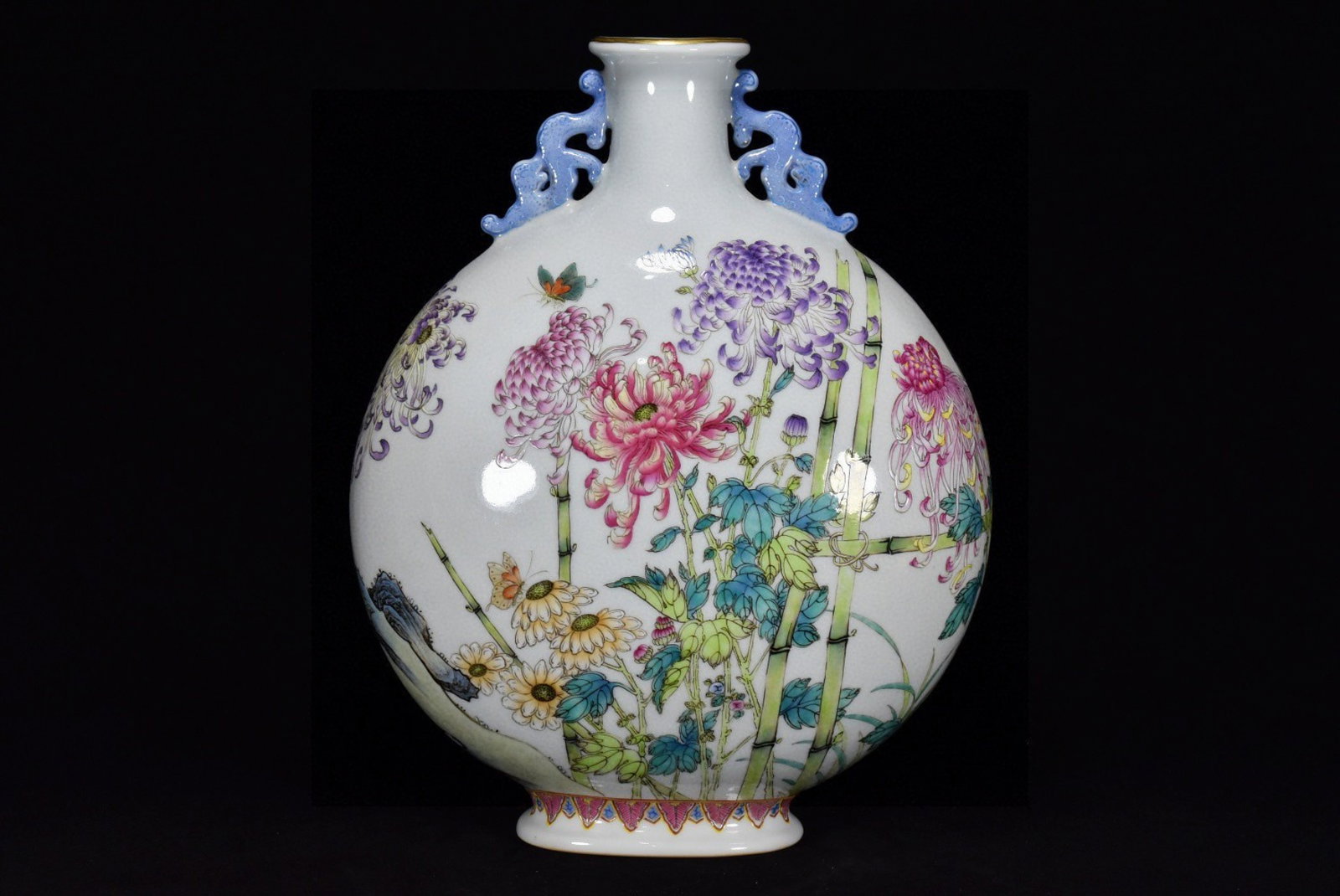 A Rare Enamel Flower Butterfly Pattern Double-Ears Vase: A Rare Enamel Flower Butterfly Pattern Double-Ears Vase,Qing Dynasty,China,Qianlong Six-character Mark,Size:13inx10.2in