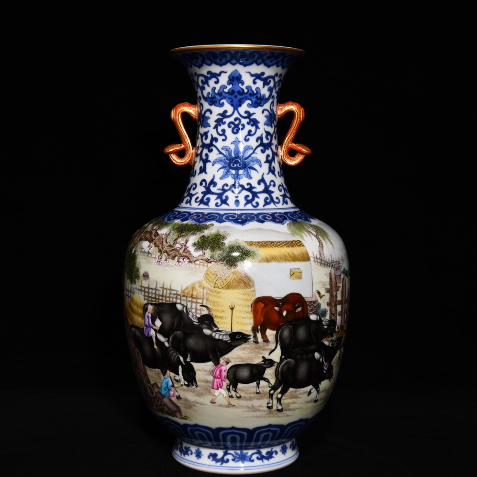 A Rare Blue and White Famille-Rose Figure and Buffalo Pattern Double-Ears Vase,with Poem: A Rare Blue and White Famille-Rose Figure and Buffalo Pattern Double-Ears Vase,with Poem,Qing Dynasty,China,Qianlong Six-Character Mark,Size:12.8inx7.1in 青花粉彩人୰
