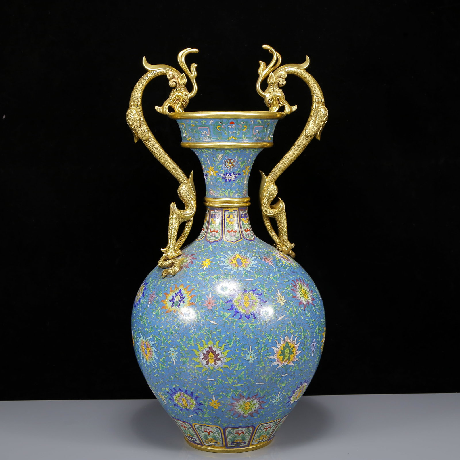 A Huge Cloisonne Lotus Pattern Dragon-Ears Vase: A Huge Cloisonne Lotus Pattern Dragon-Ears Vase,Qing Dynasty, China,Qianlong Six-character Mark,Size:11.8inx27.6in,Weight:18010g 景泰蓝缠枝莲纹龙耳