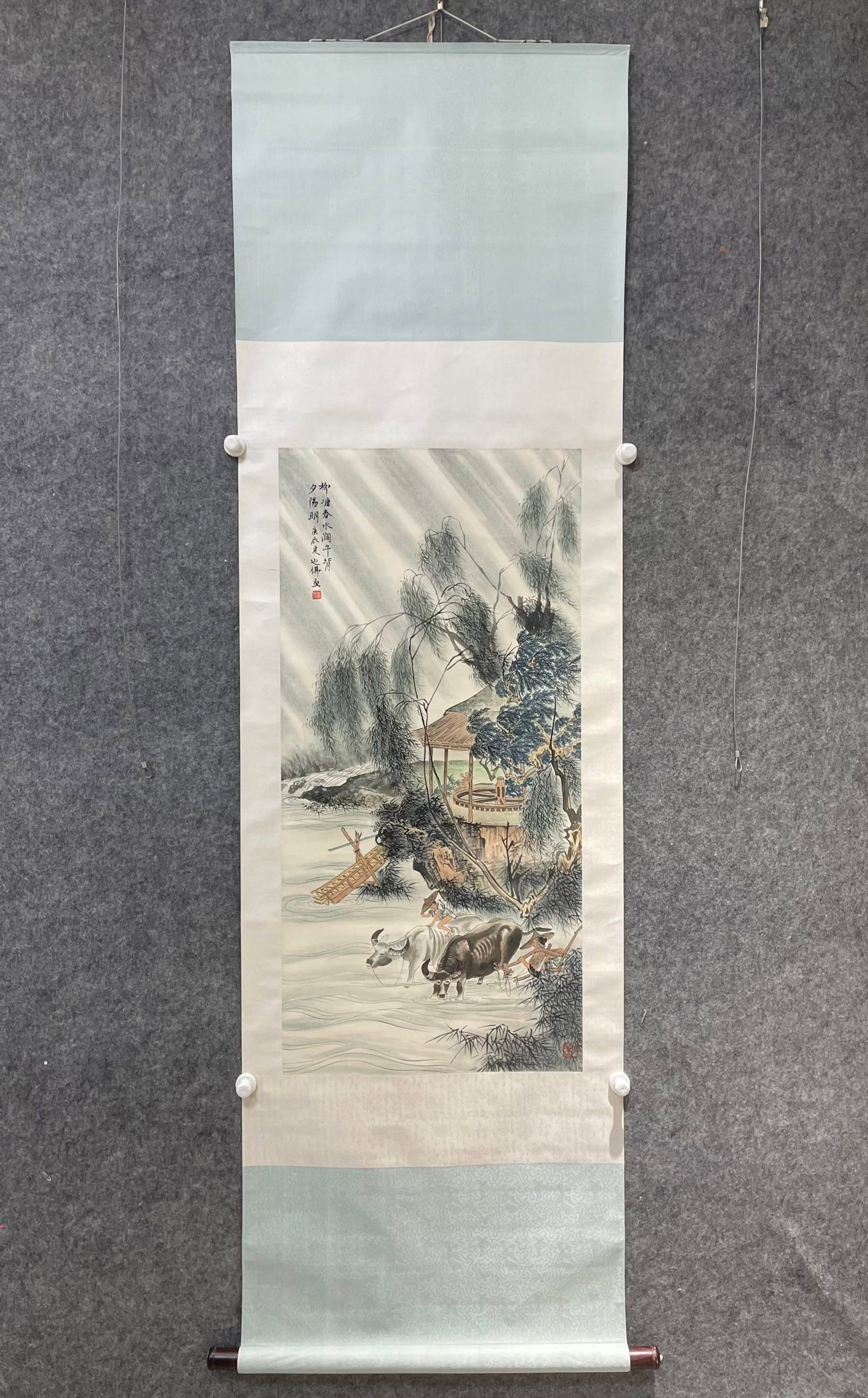A Chinese Vertical Scroll Ink Painting of Landscape and Figure on Paper: A Chinese Vertical Scroll Ink Painting of Landscape and Figure on Paper,Hu Yefo,Size:19.1inx39.8in 一幅中国水墨山水人物画立ů