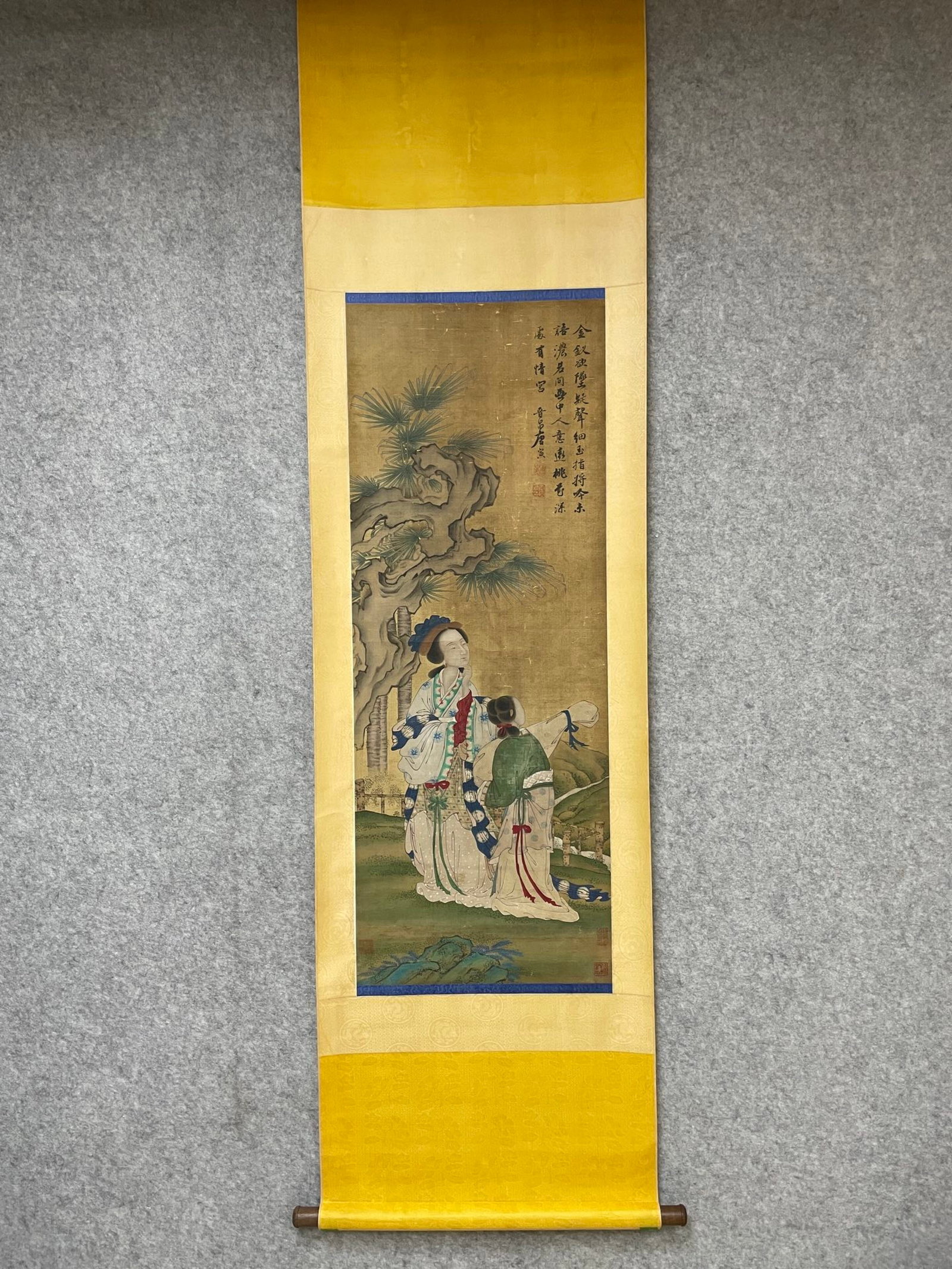 A Chinese Vertical Scroll Ink Painting of Figure and Story on Silk: A Chinese Vertical Scroll Ink Painting of Figure and Story on Silk,Tang Yin,Size:16.9inx45.3in 一幅中国水墨绢本人物故事画&