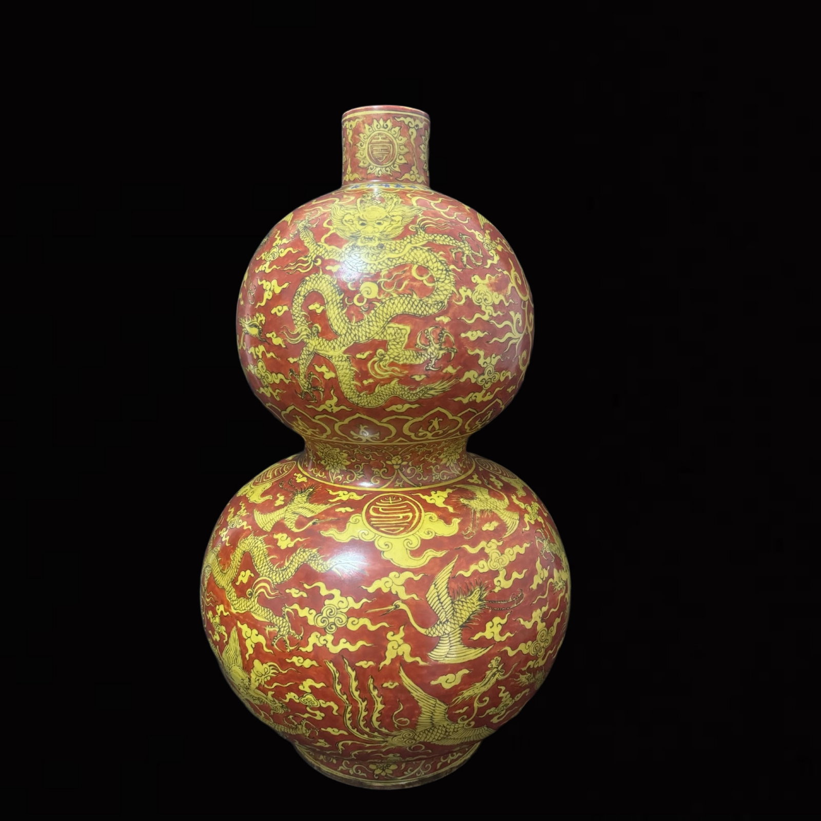 A Huge Red Ground Yellow Glazed Dragon and Phoenix Pattern Gourd-Shaped Vase: A Huge Red Ground Yellow Glazed Dragon and Phoenix Pattern Gourd-Shaped Vase,Ming Dynasty,China,Jiajing Six-character Mark,Size:29.1inx16.1in 红地黄釉龙凤纹&#