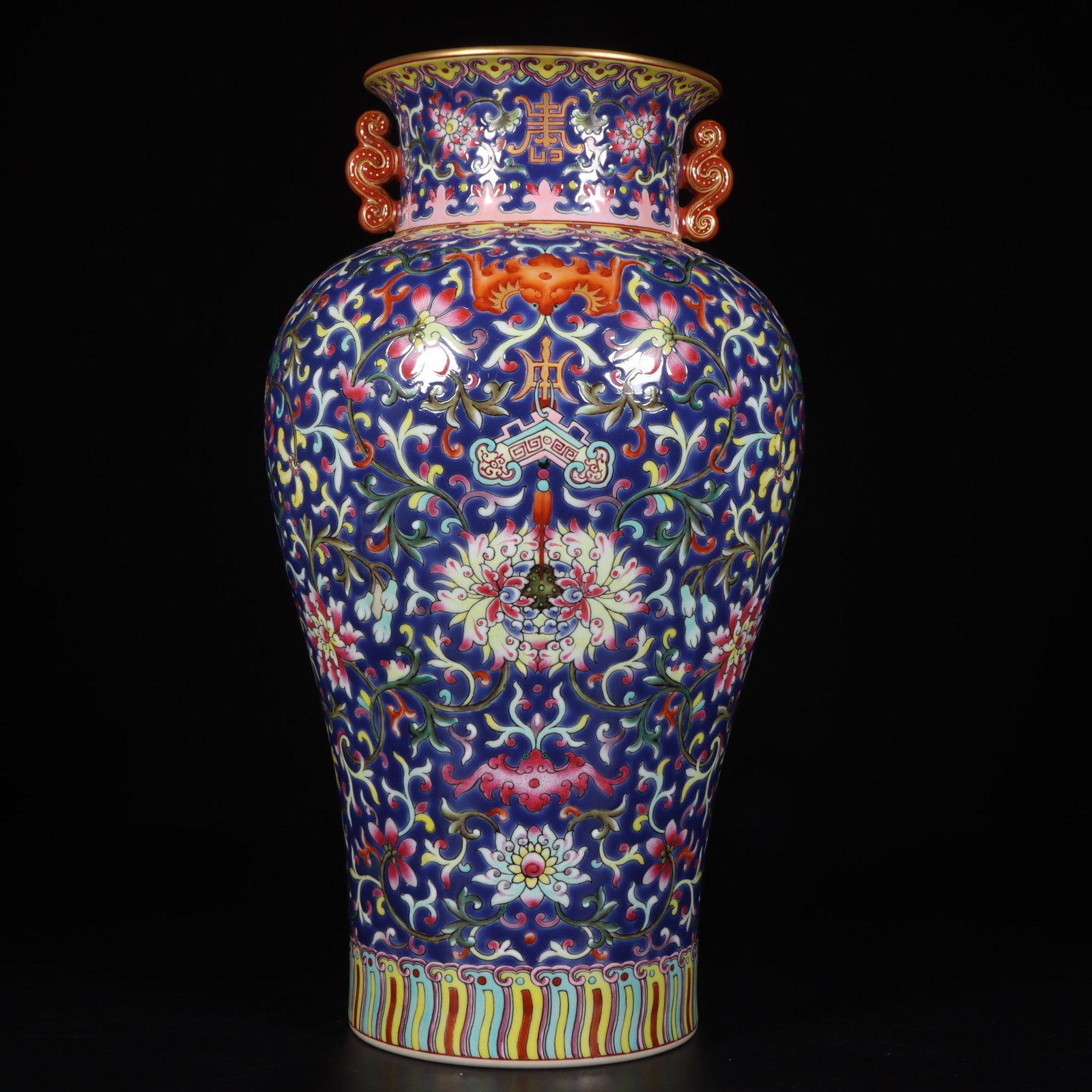 A Rare Blue Ground Famille-Rose Lotus Pattern Double-Ears Vase: A Rare Blue Ground Famille-Rose Lotus Pattern Double-Ears Vase,Qing Dynasty,China,Qianlong Six-character Mark,Size:12inx4.5in 蓝地粉彩缠枝莲纹双&#