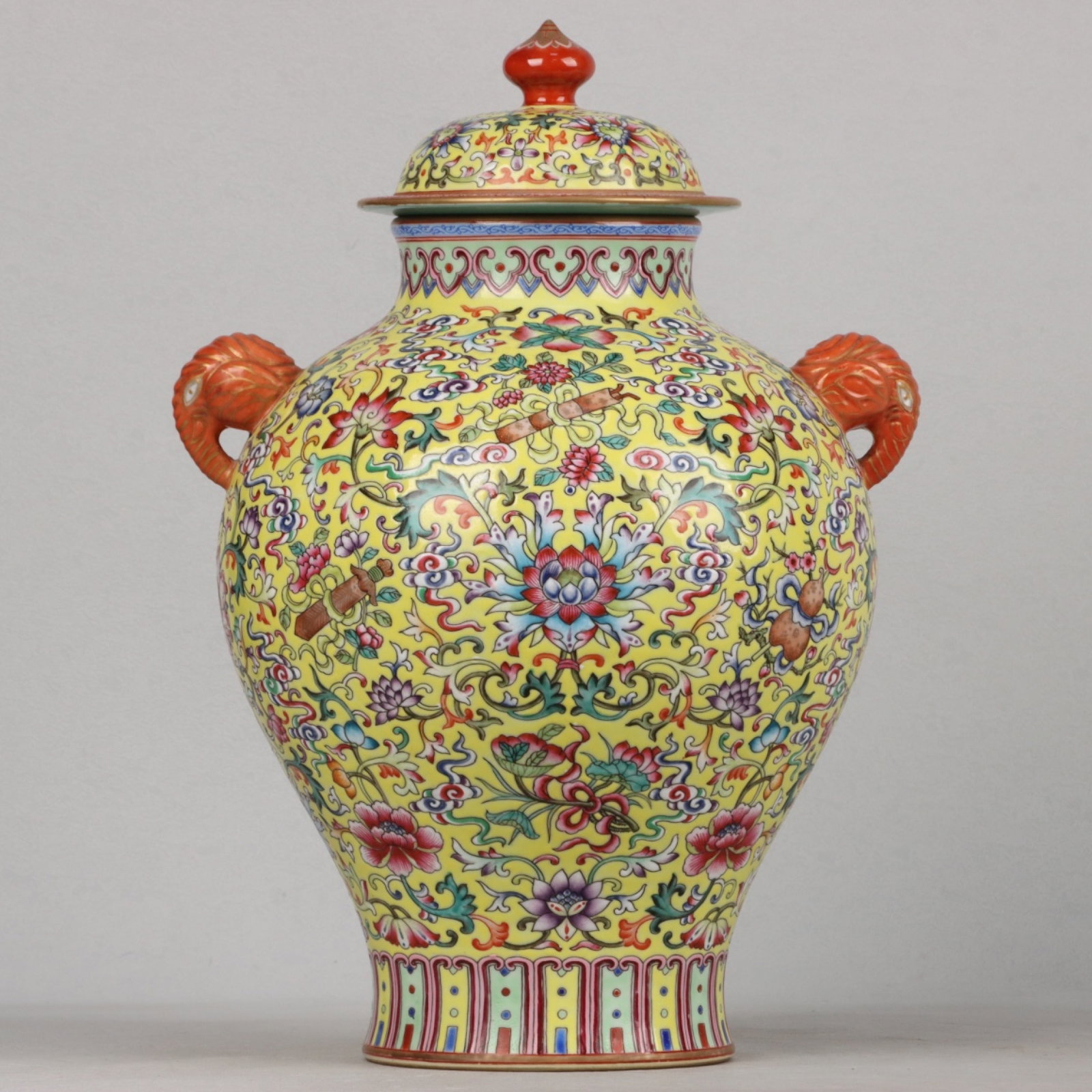An Exquisite Enamel Gilt Lotus Pattern Elephant-Ears Cover Jar: An Exquisite Enamel Gilt Lotus Pattern Elephant-Ears Cover Jar,Qing Dynasty, China,Qianlong Six-character Mark,Size:13.2inx13in 珐琅彩鎏金缠枝莲纹