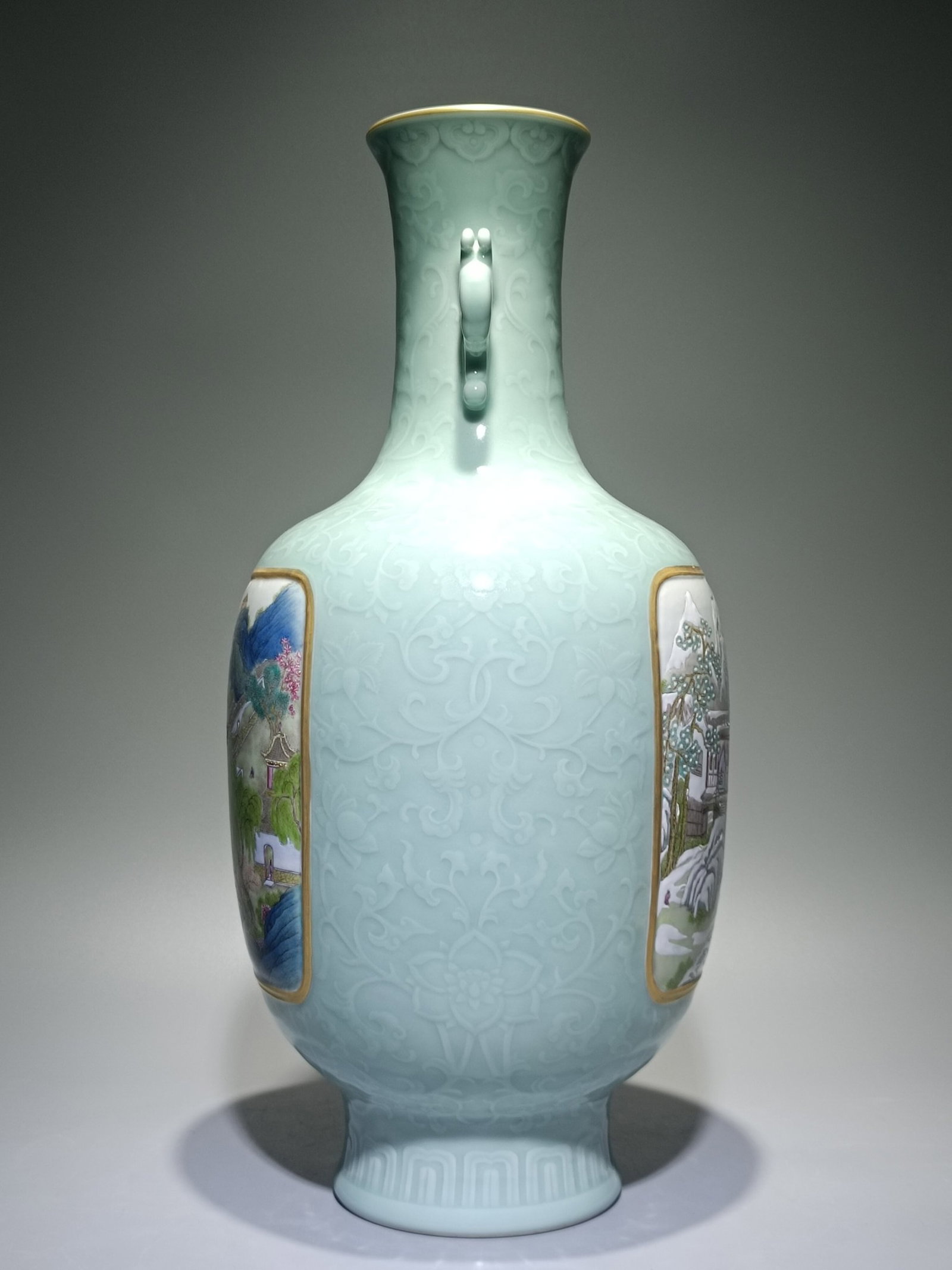 A Huge Celadon Glazed Landscape Pattern Double-Ears Vase - 2