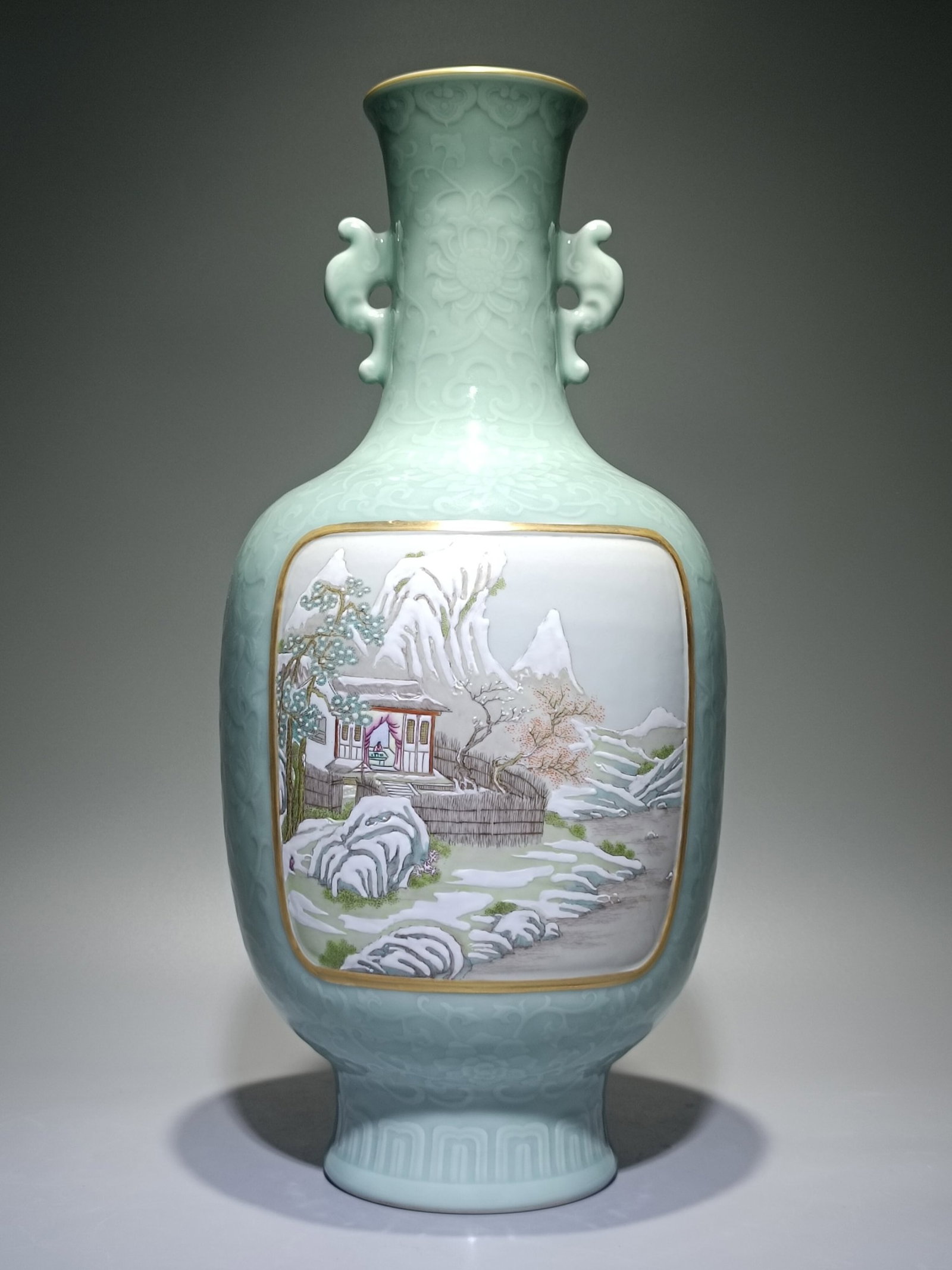 A Huge Celadon Glazed Landscape Pattern Double-Ears Vase - 3