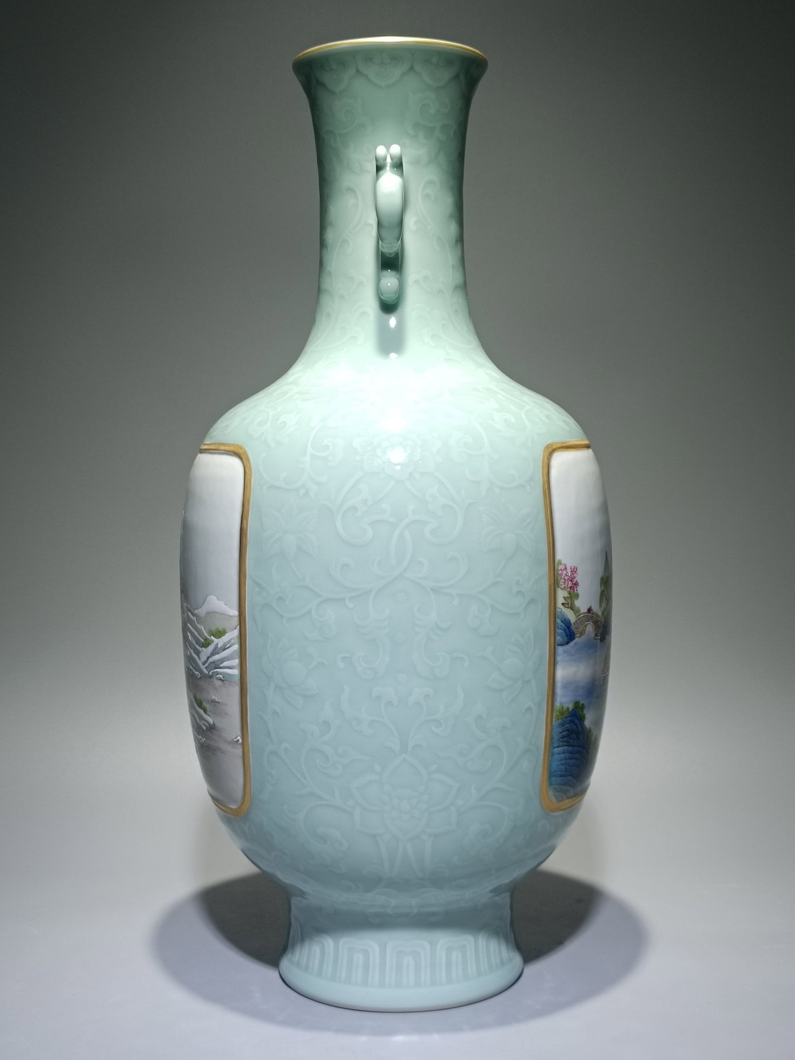 A Huge Celadon Glazed Landscape Pattern Double-Ears Vase - 4