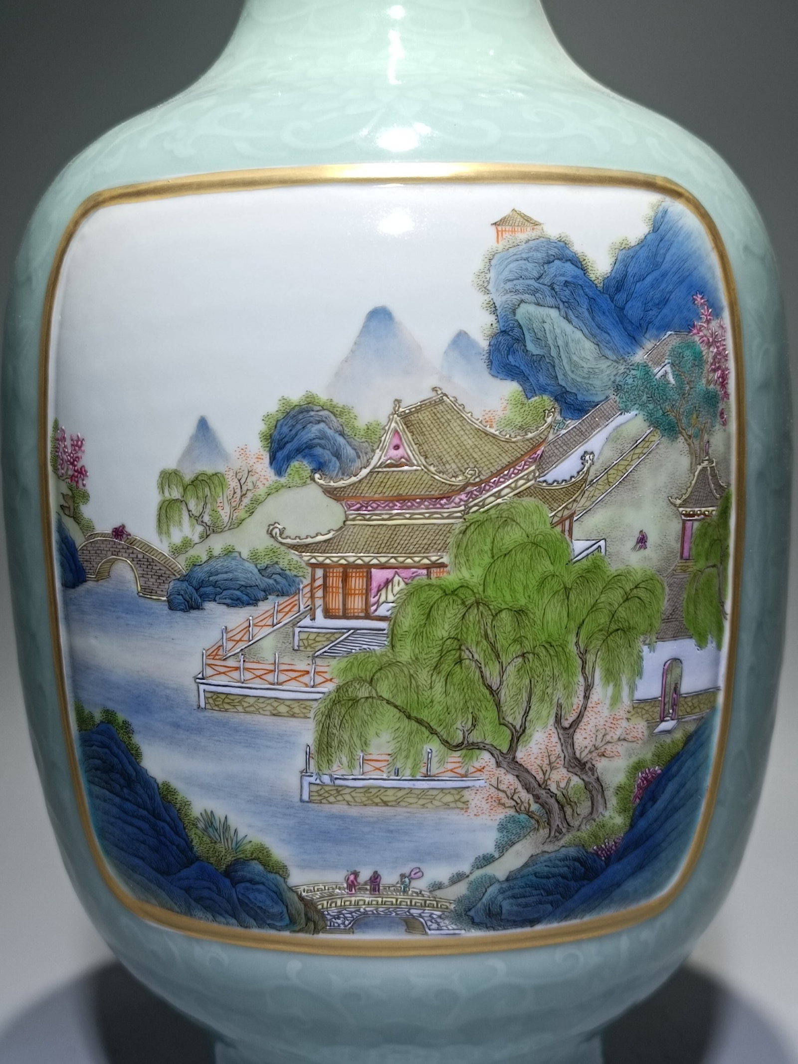 A Huge Celadon Glazed Landscape Pattern Double-Ears Vase - 5