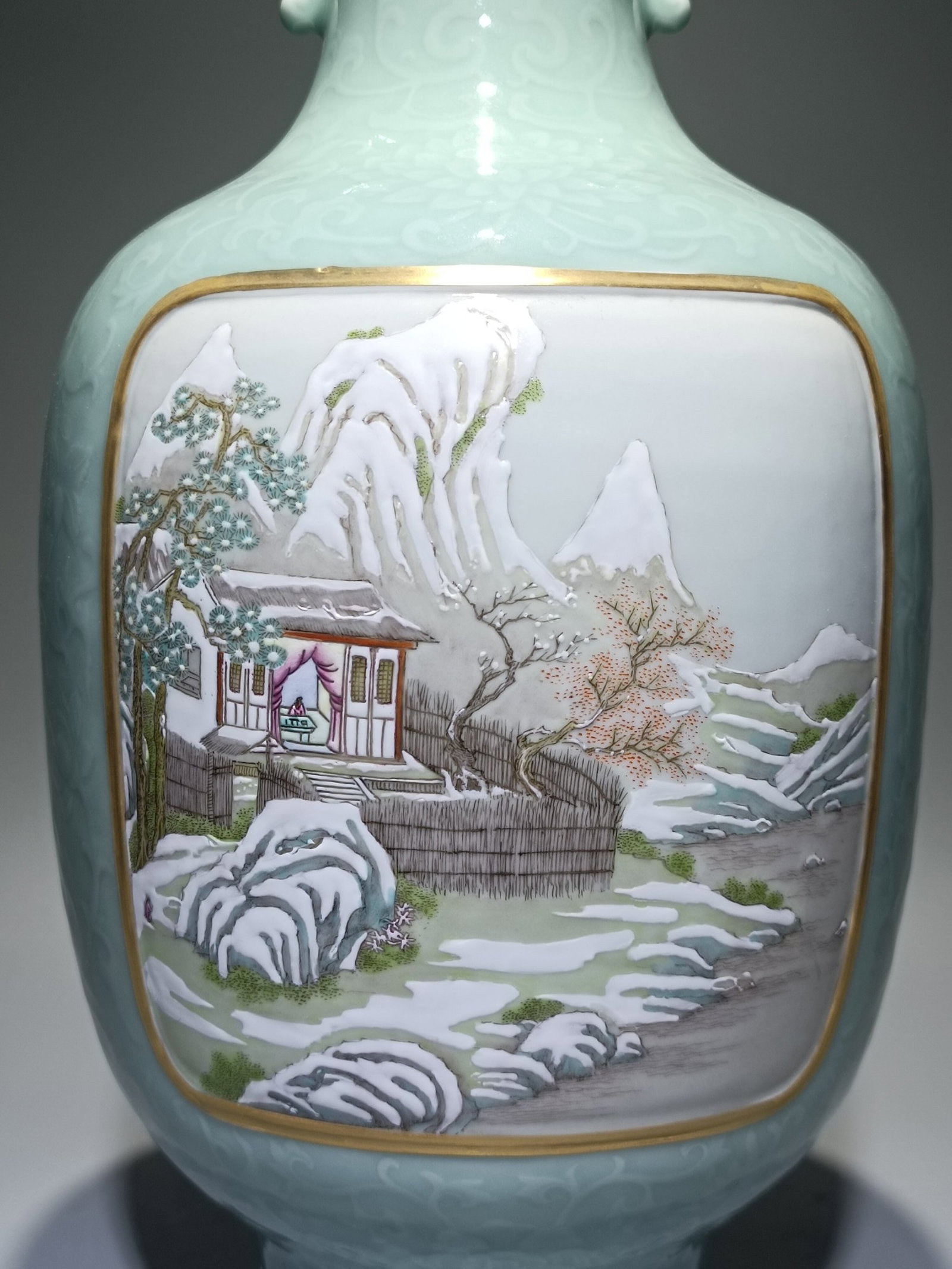 A Huge Celadon Glazed Landscape Pattern Double-Ears Vase - 6