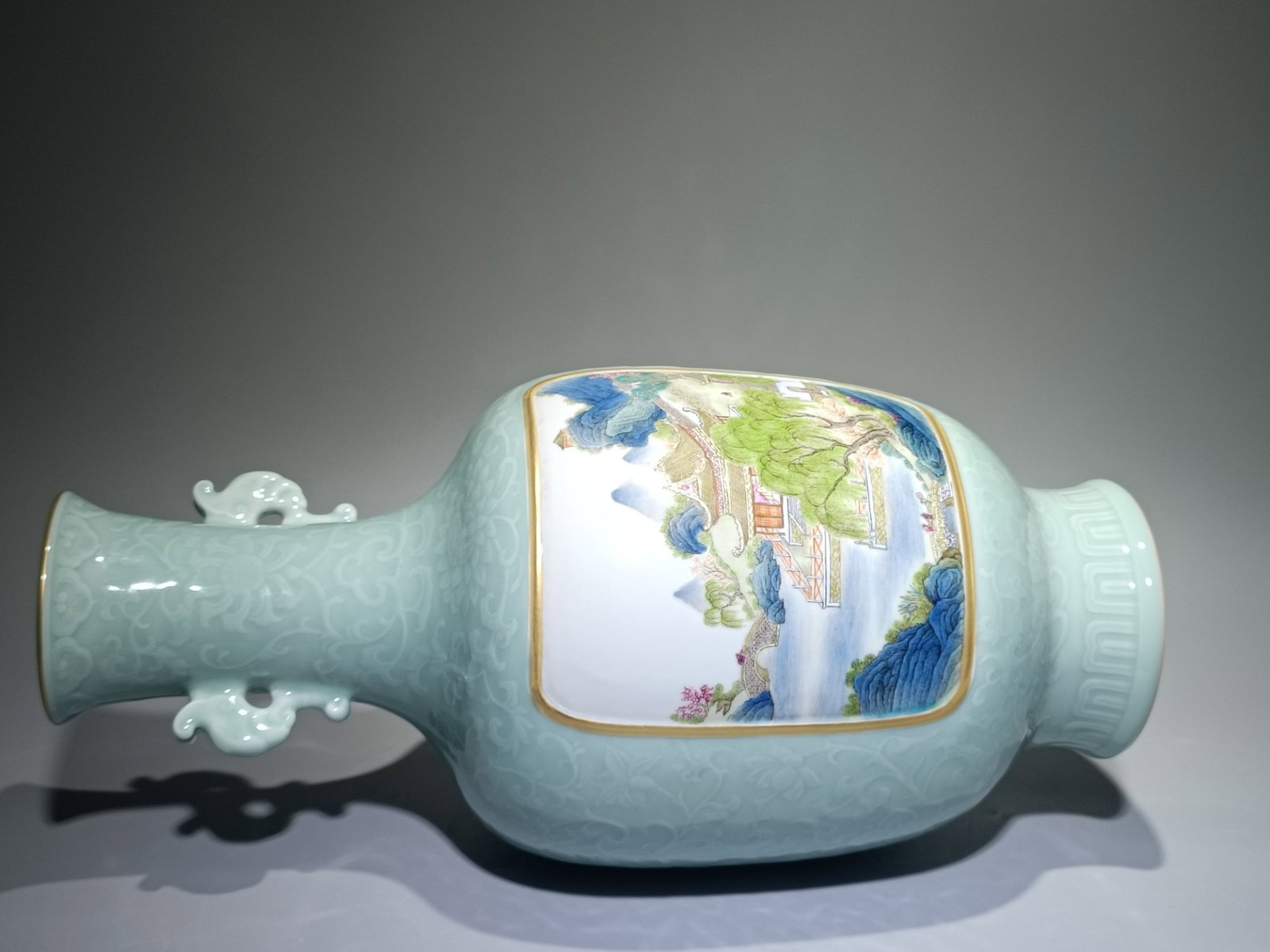 A Huge Celadon Glazed Landscape Pattern Double-Ears Vase - 8