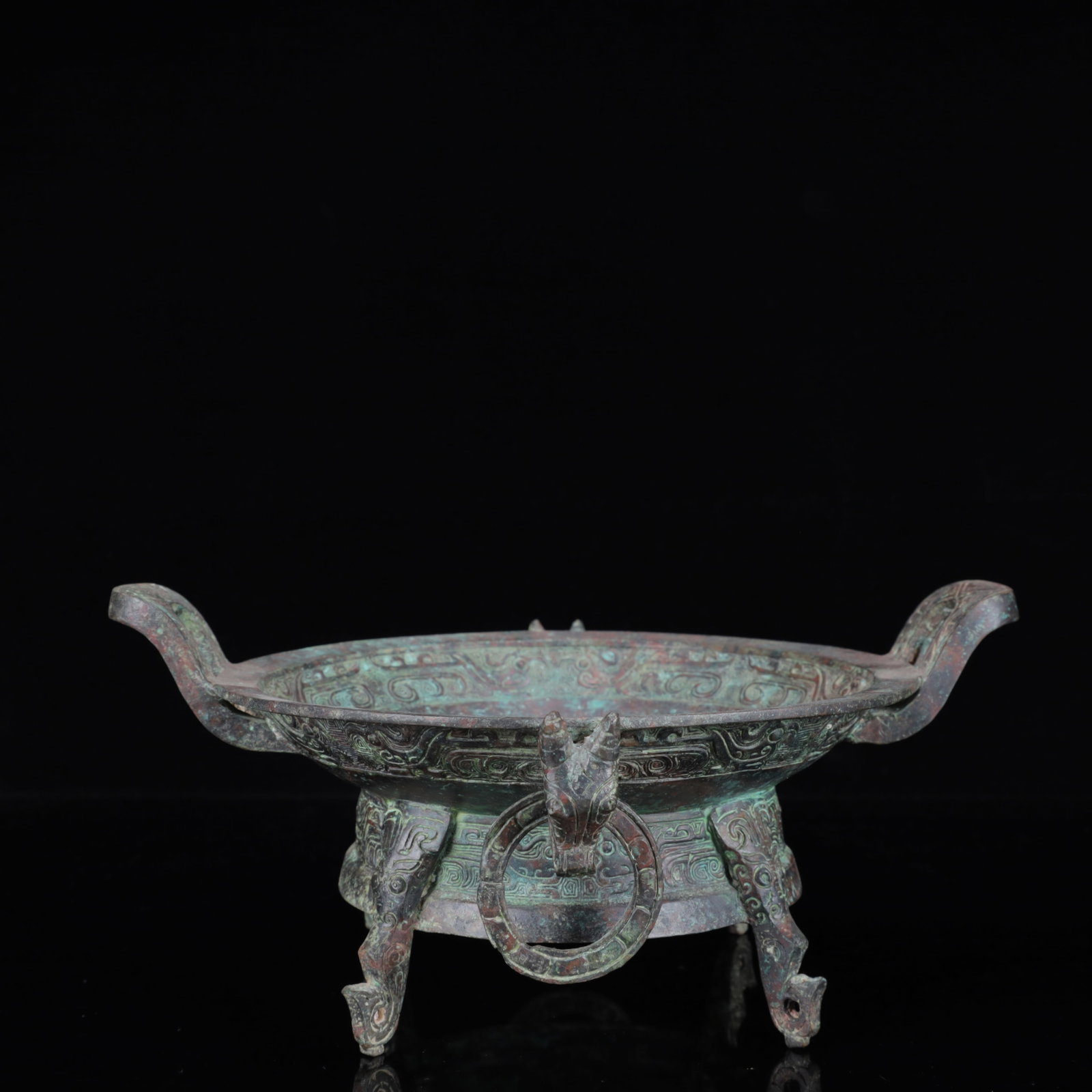 An Archaic Bronze Beast-Face Pattern Sheep-Ears and Beast Legs Plate,with Inscription: An Archaic Bronze Beast-Face Pattern Sheep-Ears and Beast Legs Plate,with Inscription,the Warring States Period in China,Size:11.4inx9.4inx5.1in,Weight:1750g 青铜兽面纹&#